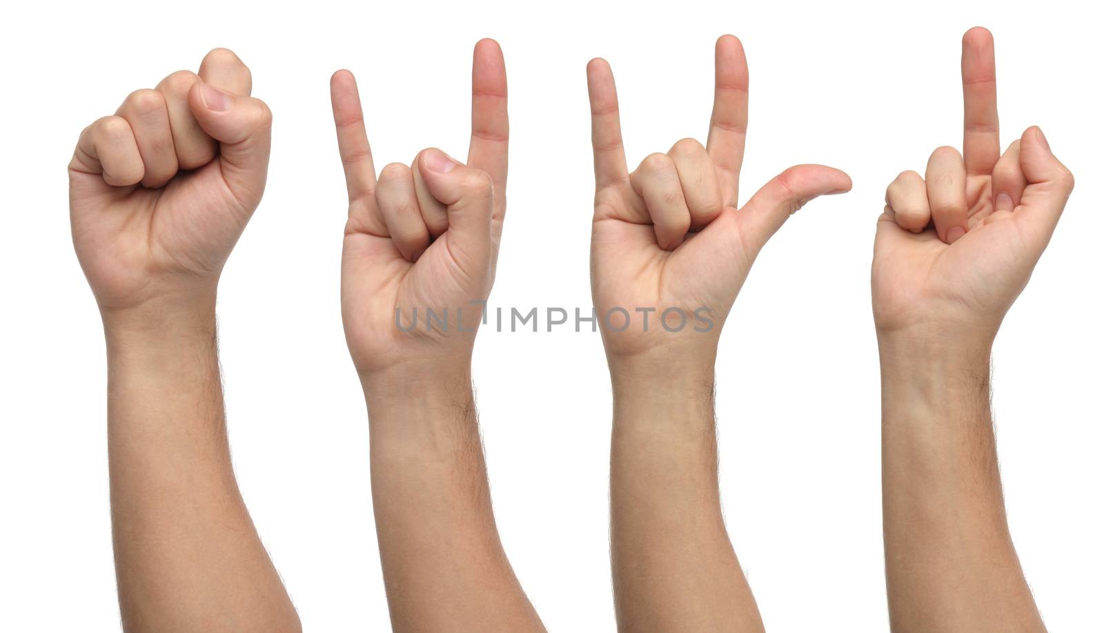 Four differents hand signs isolated on white