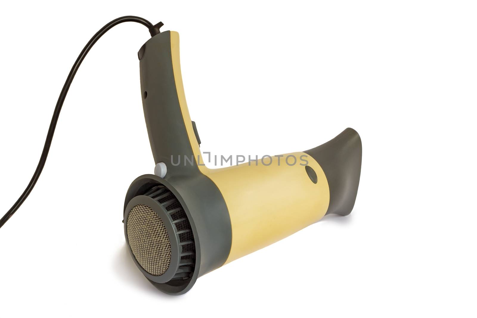 The convenient electric hair dryer for drying of hair. It is presented on a white background.