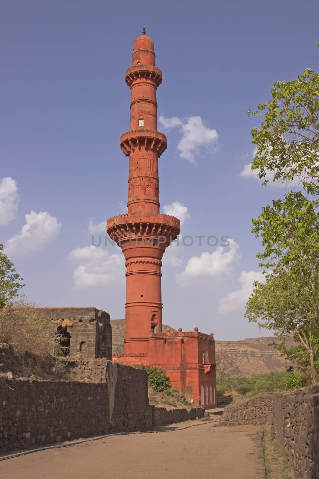 Islamic victory tower (Chand Minar) inside Daulatabad Fort, India. 14th Century AD