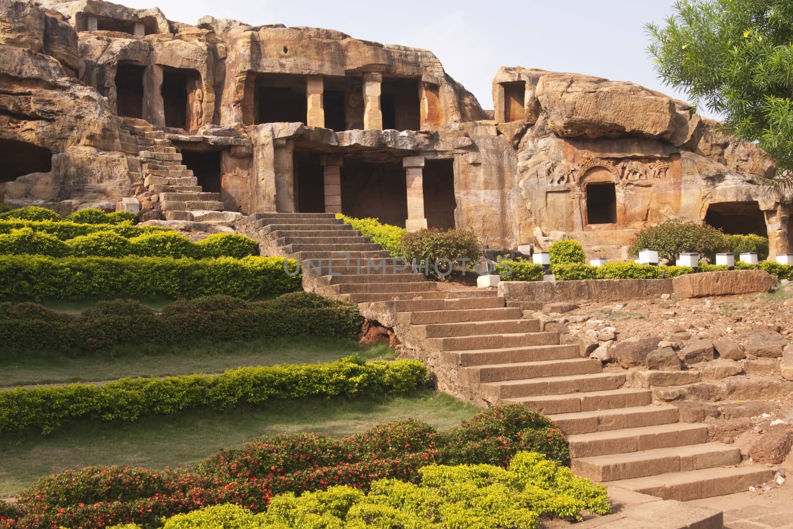 Jain cave temples carved out of the solid rock of the hillside at Bhubaneshwar, Orissa, India. 1st Century BC