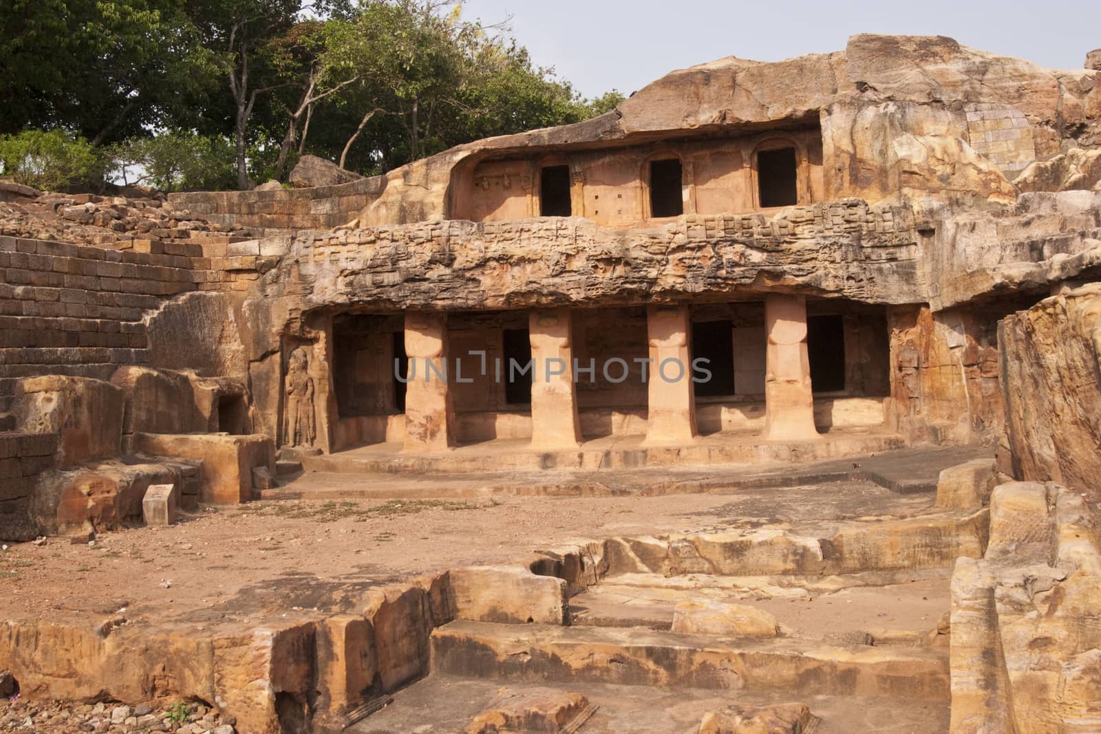 Jain cave temples carved out of the solid rock of the hillside at Bhubaneshwar, Orissa, India. 1st Century BC