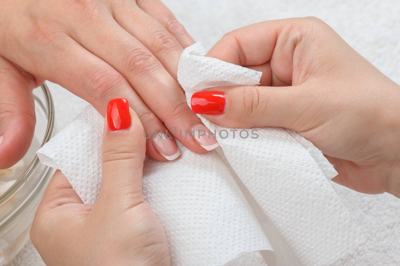 beauty salon, manicure applying, wiping and cleaning