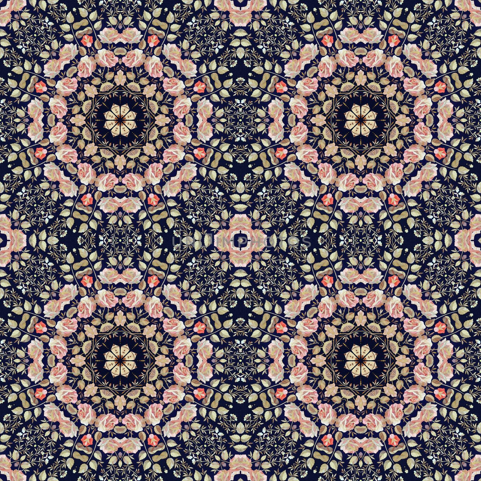 Abstract seamless artistic pattern, floral ornament, handmade applique from painted straw and bark on a black fabric background