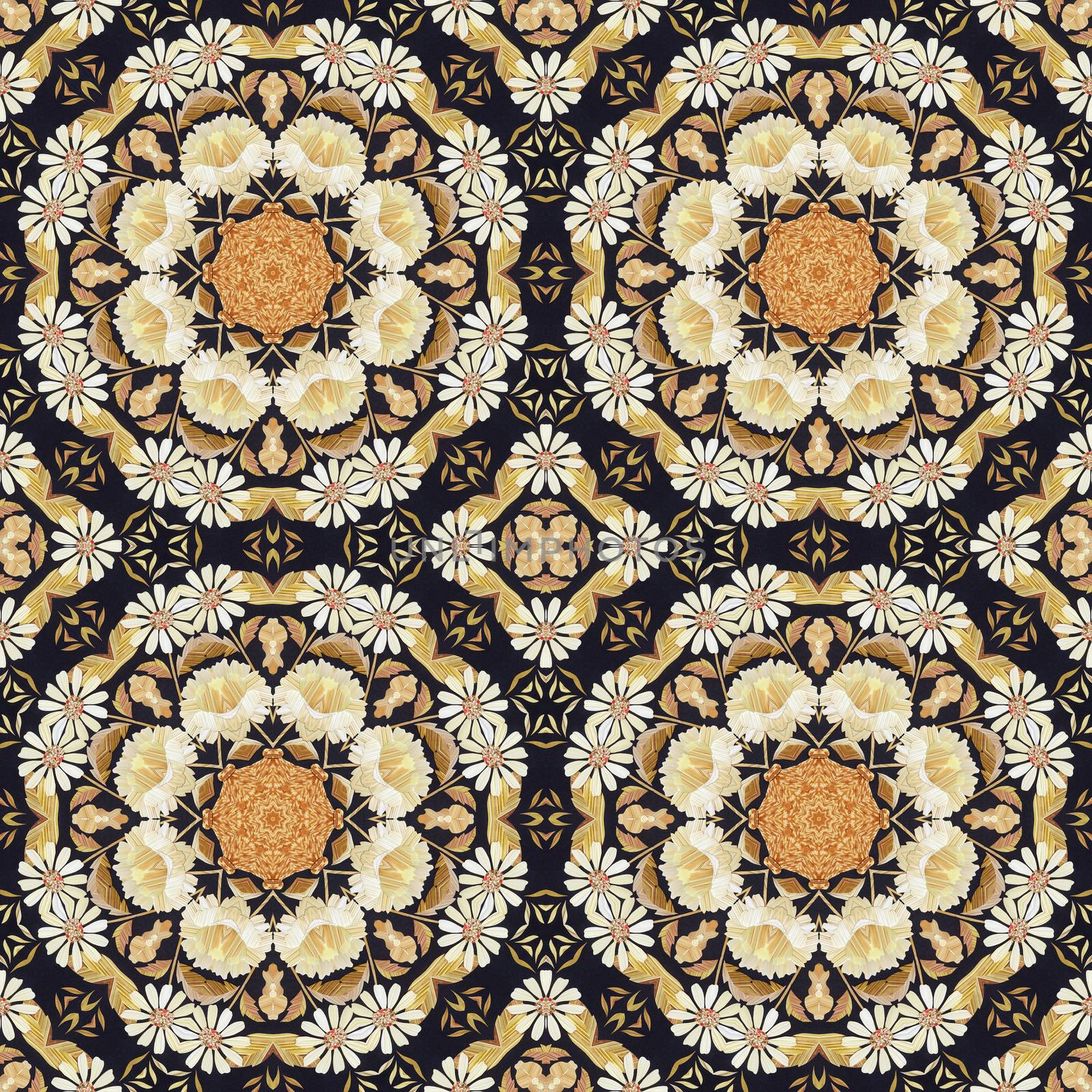 Abstract seamless artistic pattern, floral ornament, handmade applique from painted straw and bark on a black fabric background