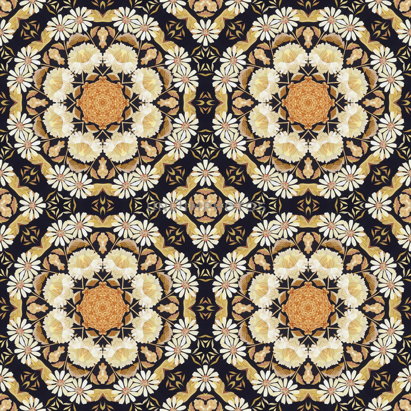 Abstract seamless artistic pattern, floral ornament, handmade applique from painted straw and bark on a black fabric background