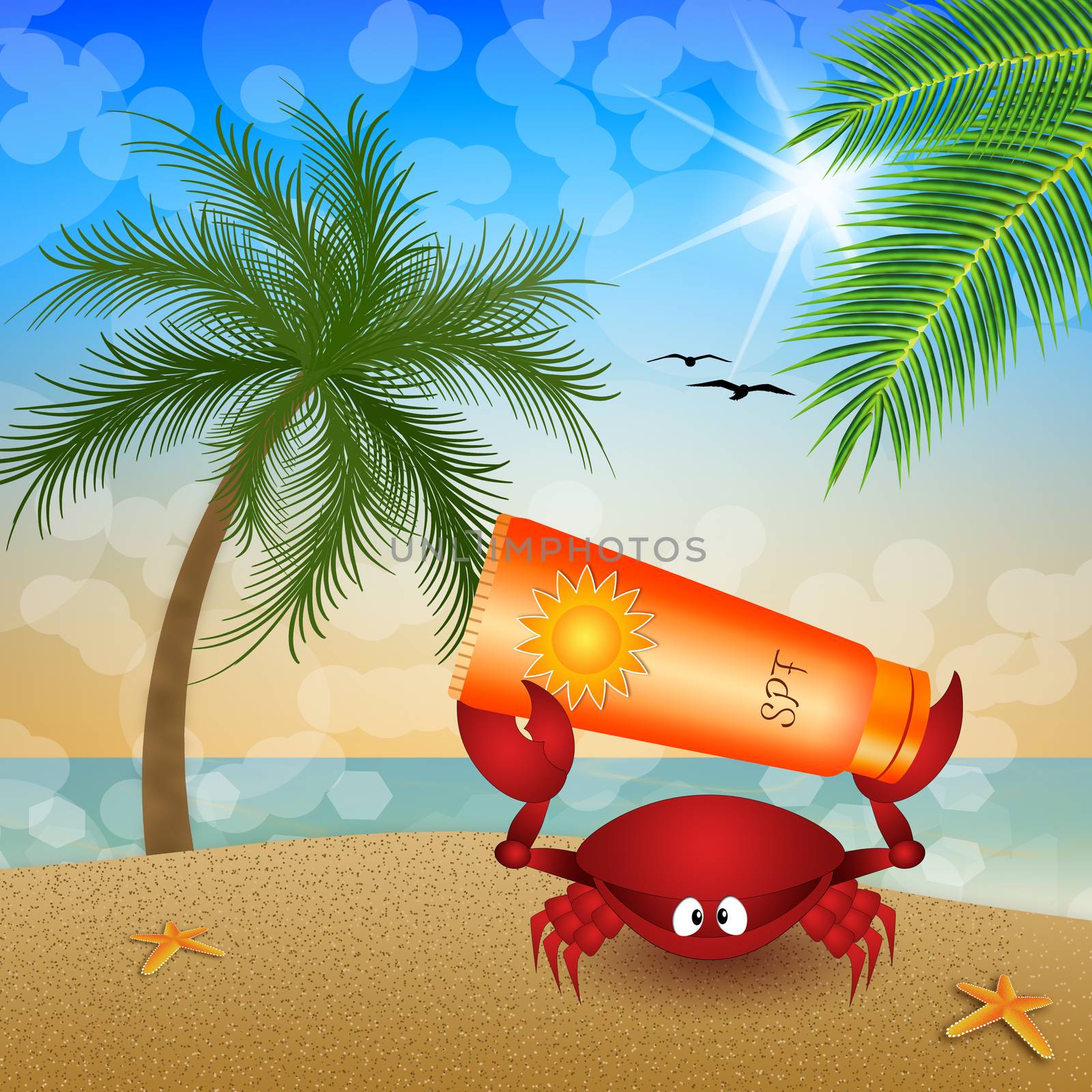 Crab with sun lotion on the beach by sognolucido