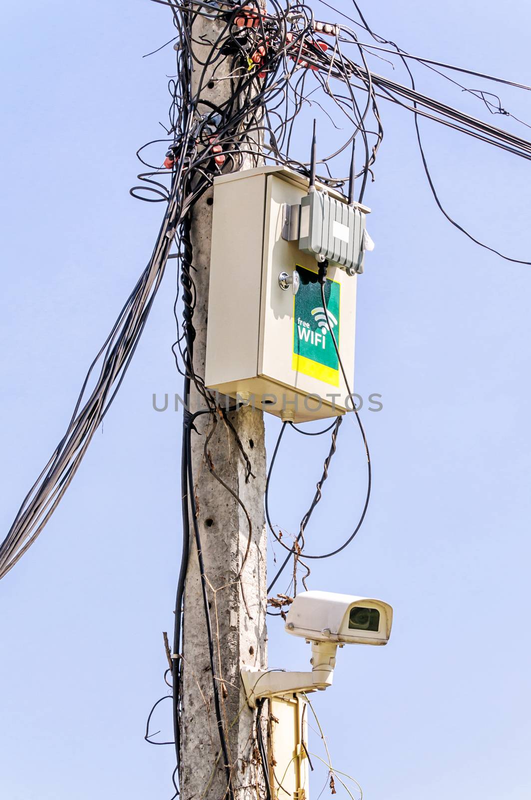 Wireless access point two antennas installation on pole with camera