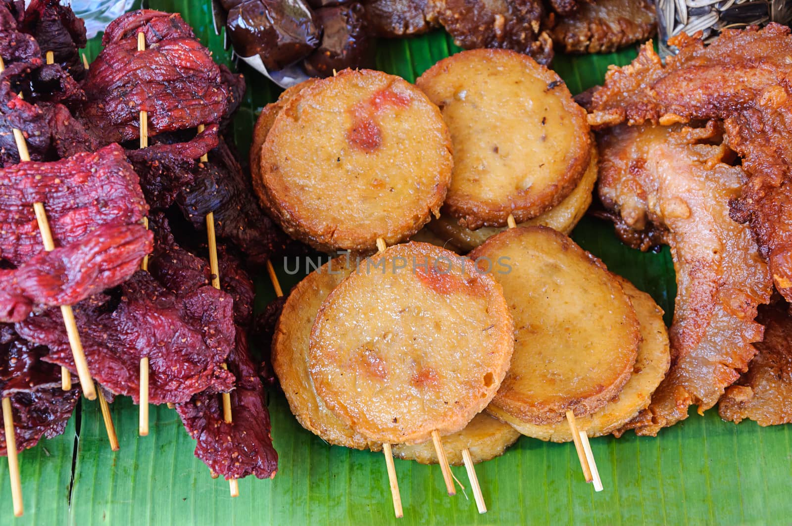 Fried meat food at a local market in thailand