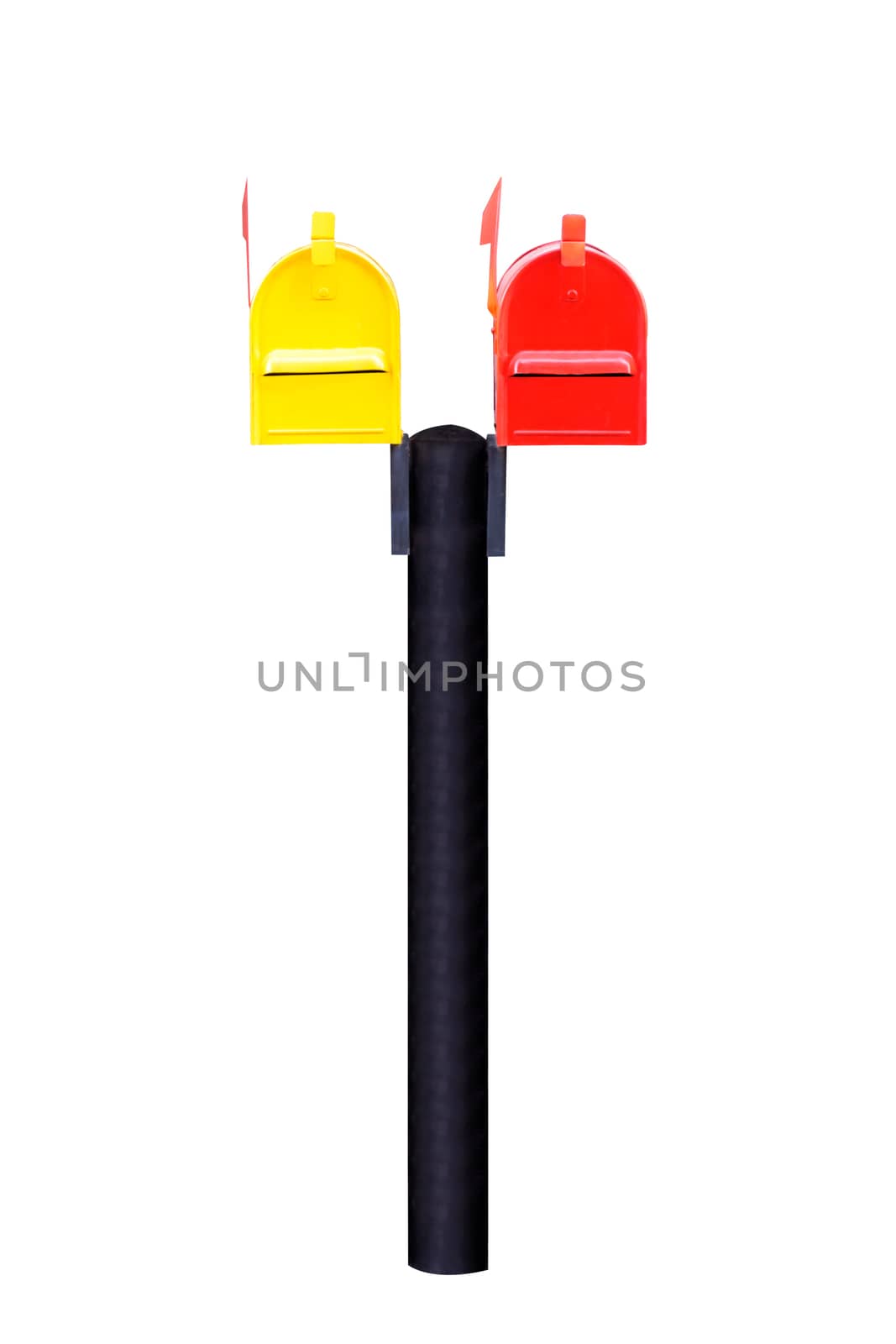 Yellow and red mailbox with  flag isolated on white with clipping path