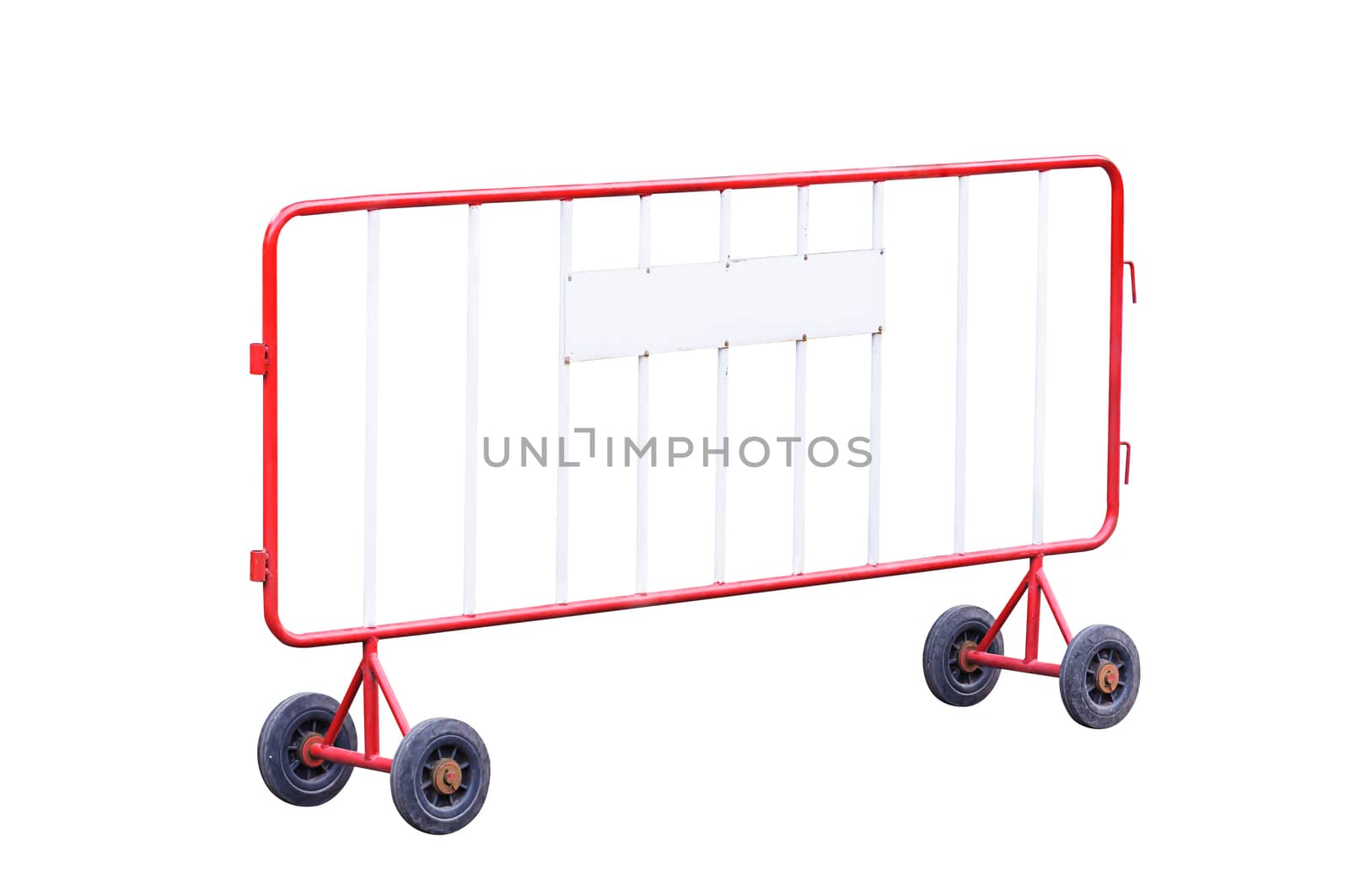 Red and white steel barrier on wheel isolated on white, with clipping path