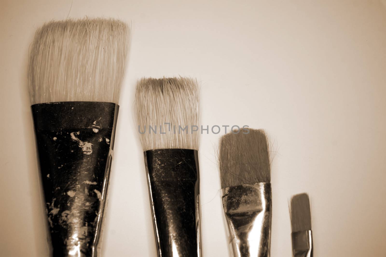 collection of various artists brushes in all sizes on a canvas background in sepia