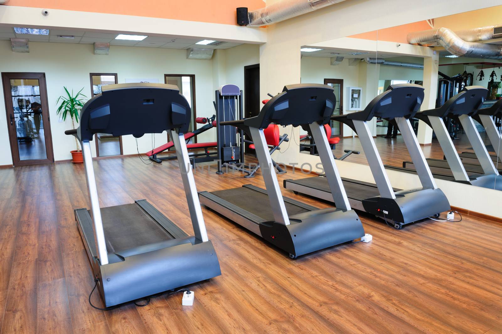 Set of treadmills staying in line in the gym