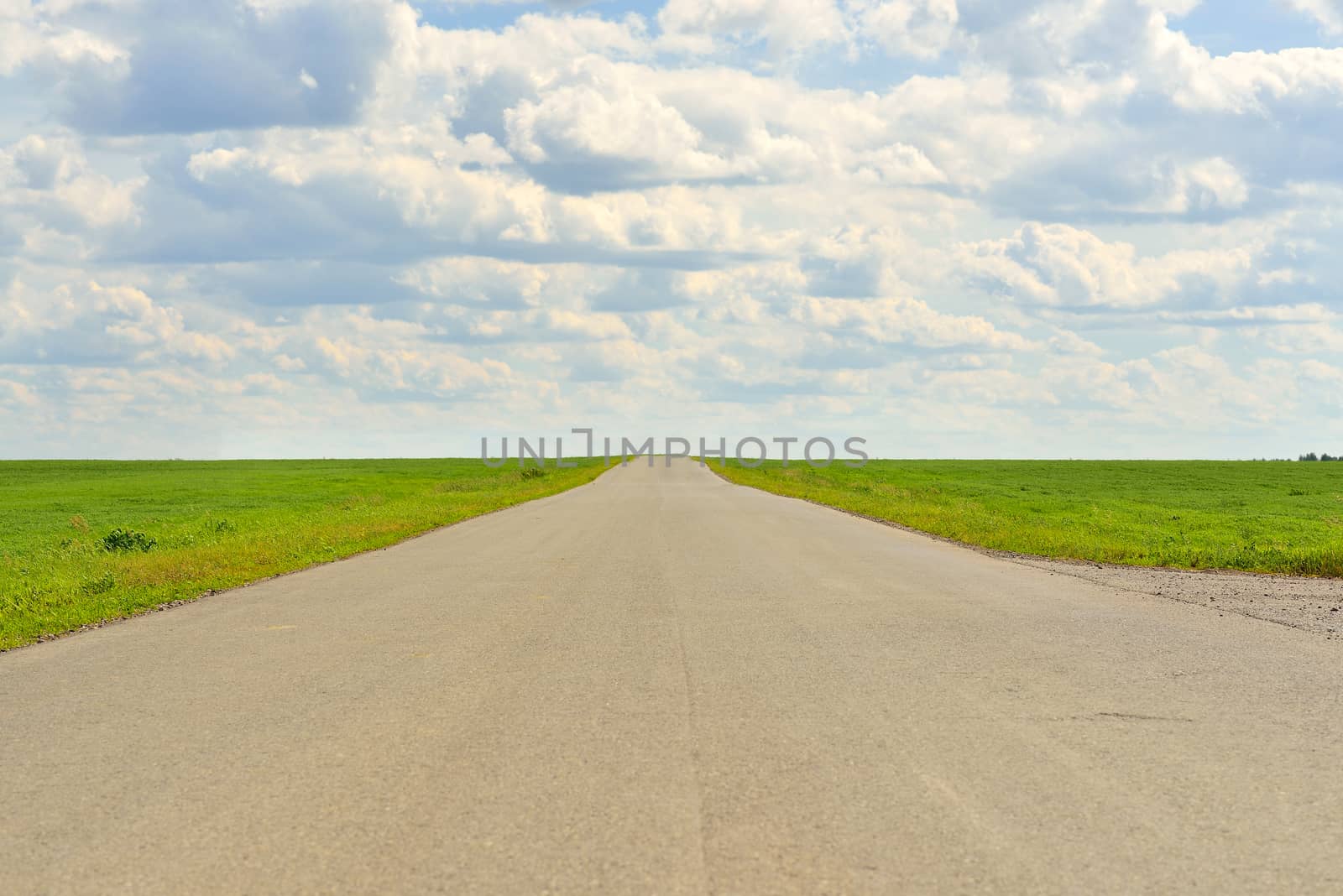 Summer landscape with green grass, road and clouds