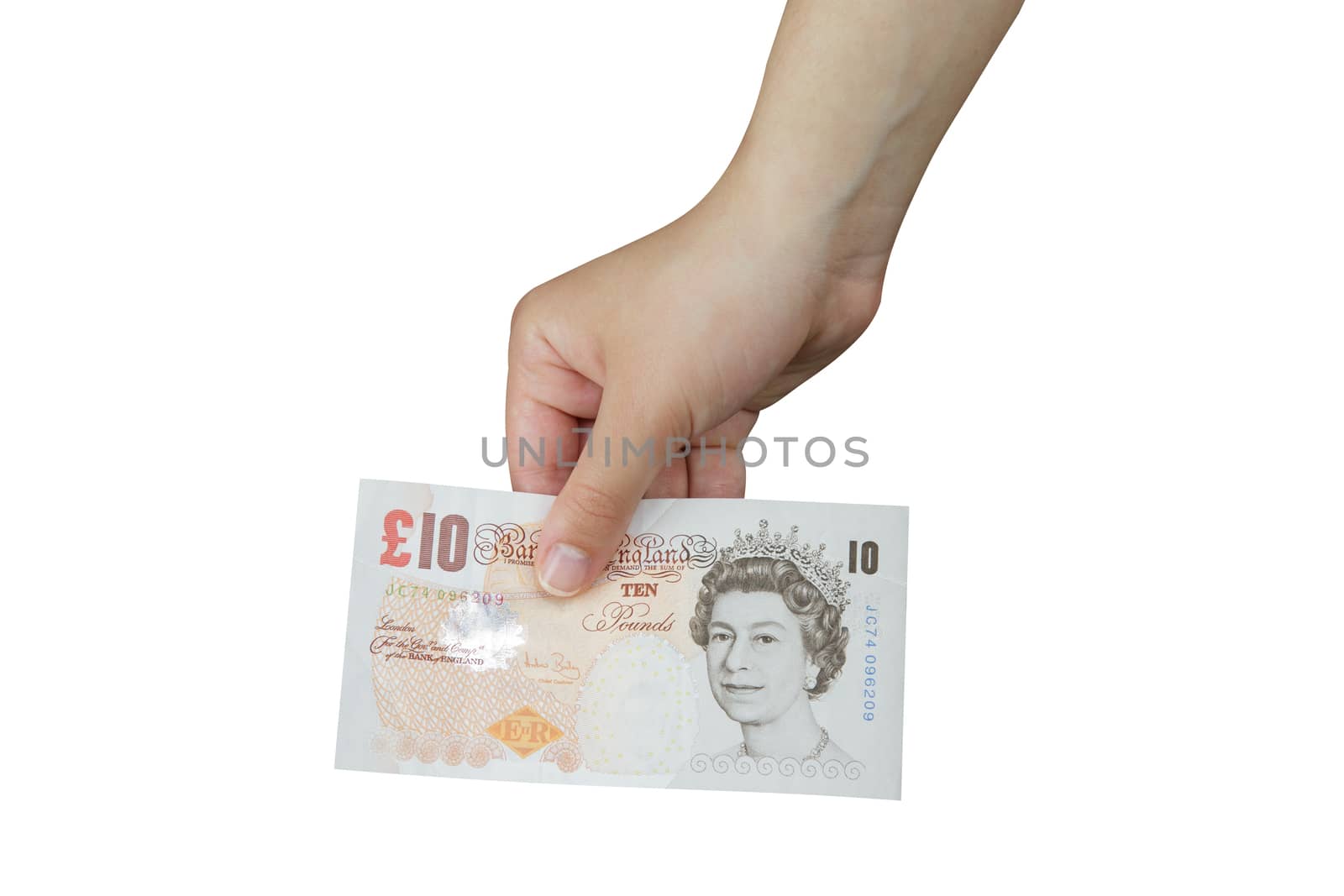 Hand taking a banknote of 10 pounds