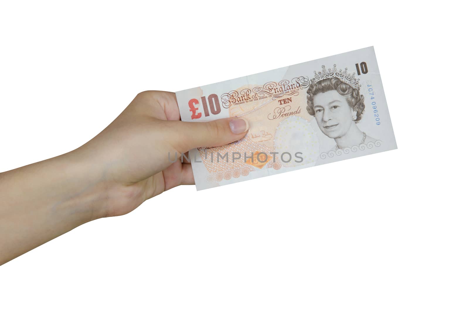 Hand taking a banknote of 10 pounds