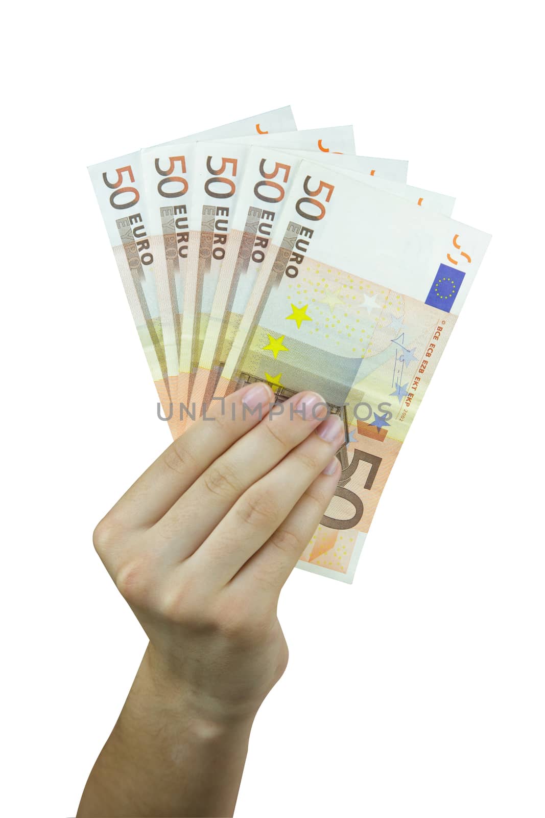 Hand taking a stack of euro banknotes