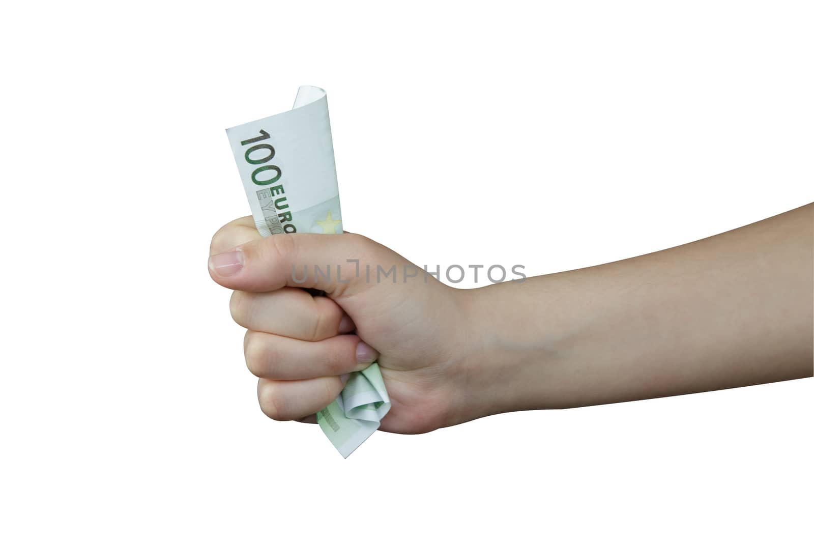 Hand squeezing a banknote of 100 euro
