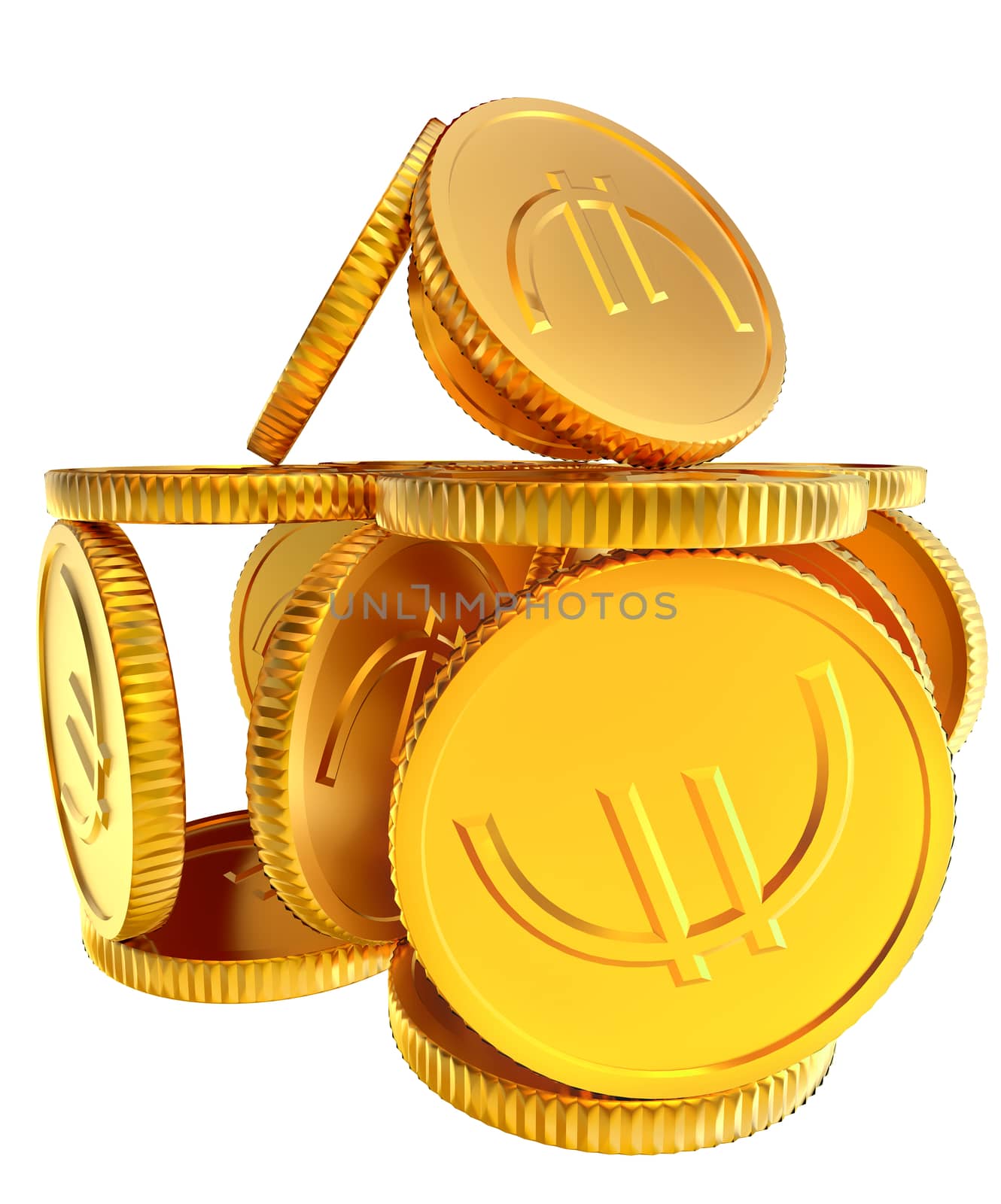 Stacks of golden EURO coins on white background