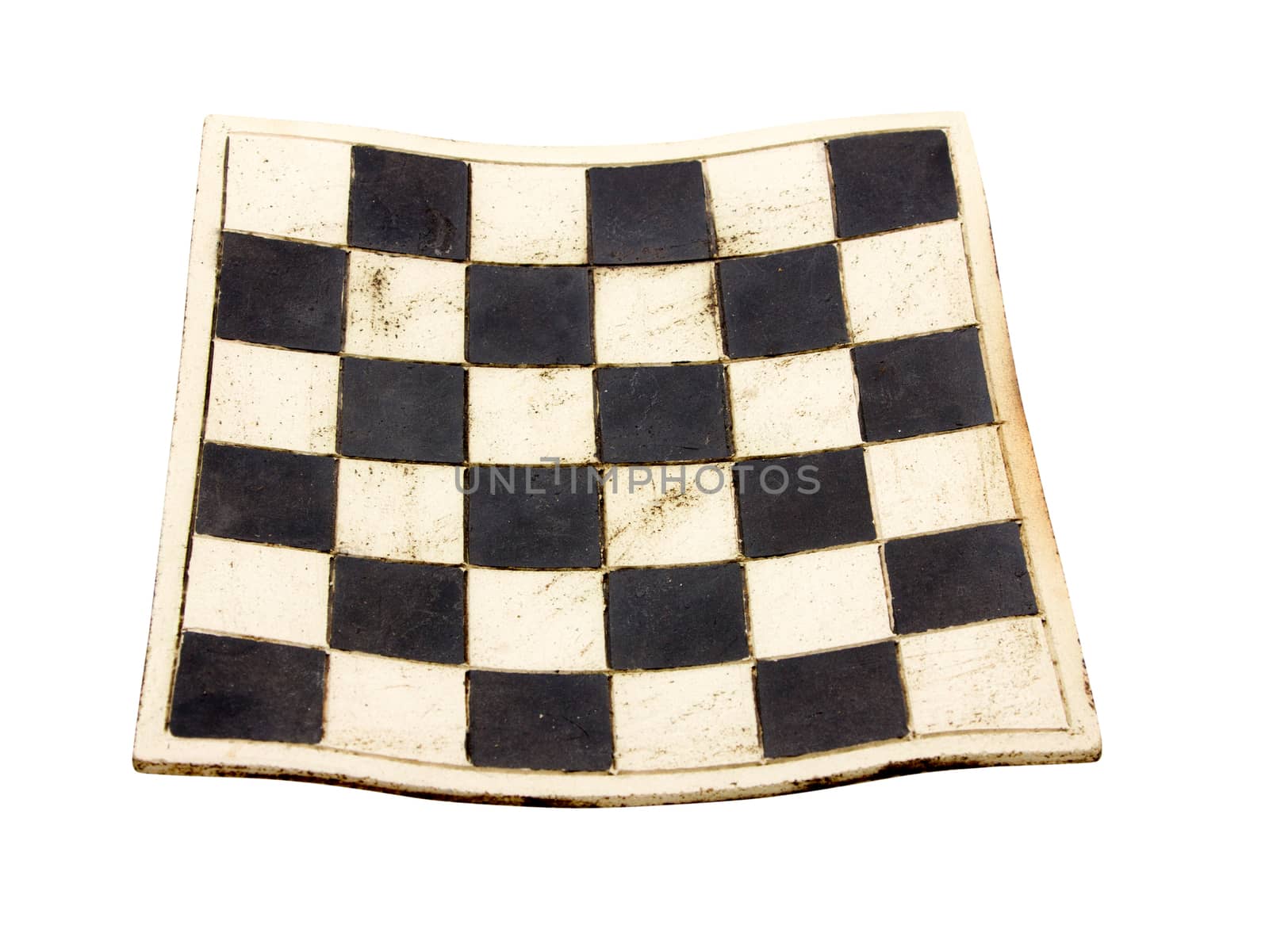 Empty curved ceramic chess board isolated on white background