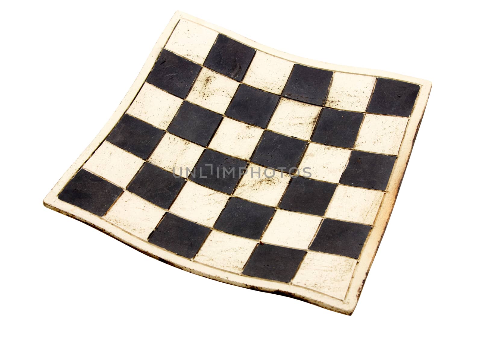 Empty curved ceramic chess board isolated on white background