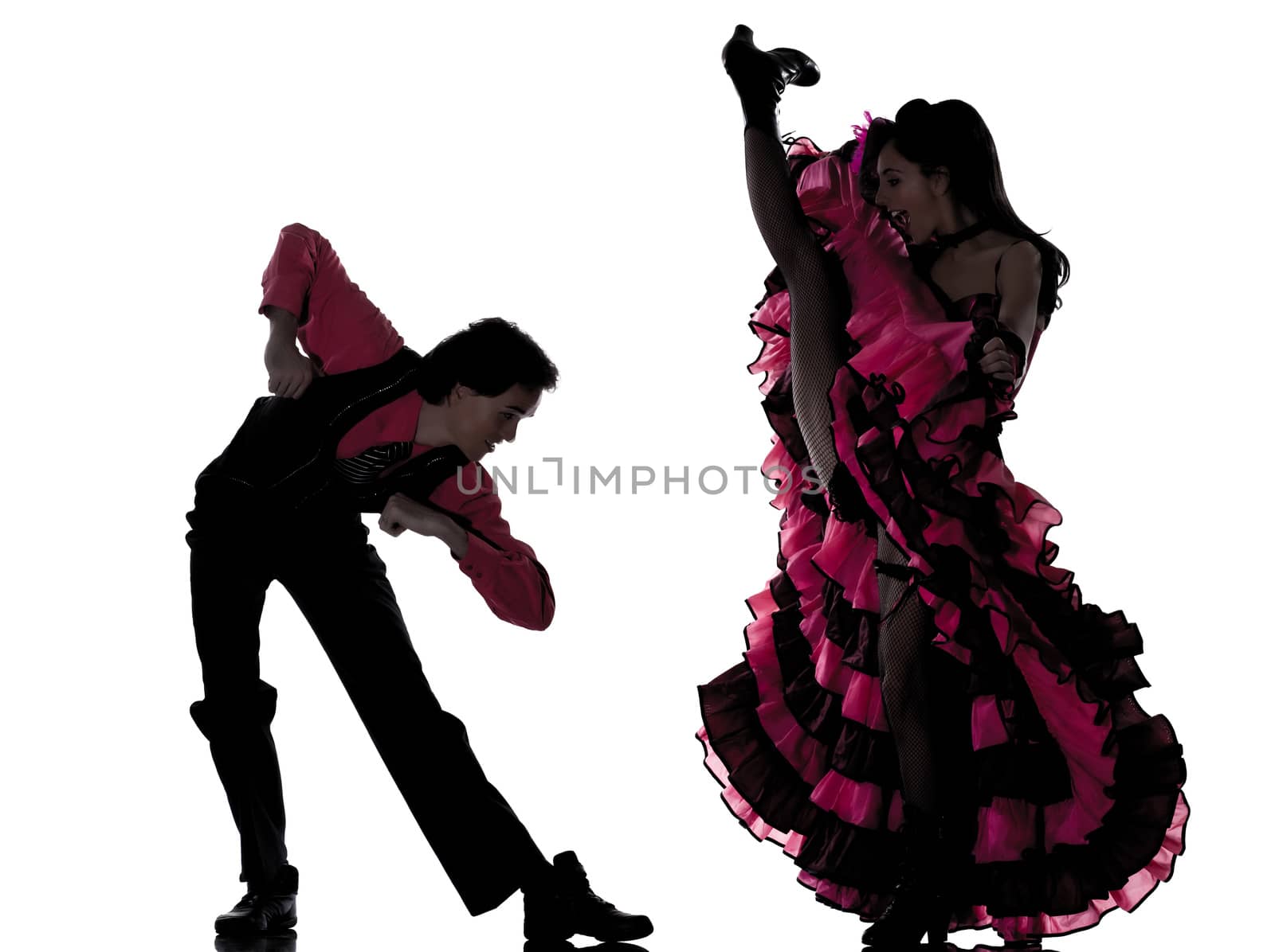 couple man woman dancer dancing french cancan in studio isolated on white background