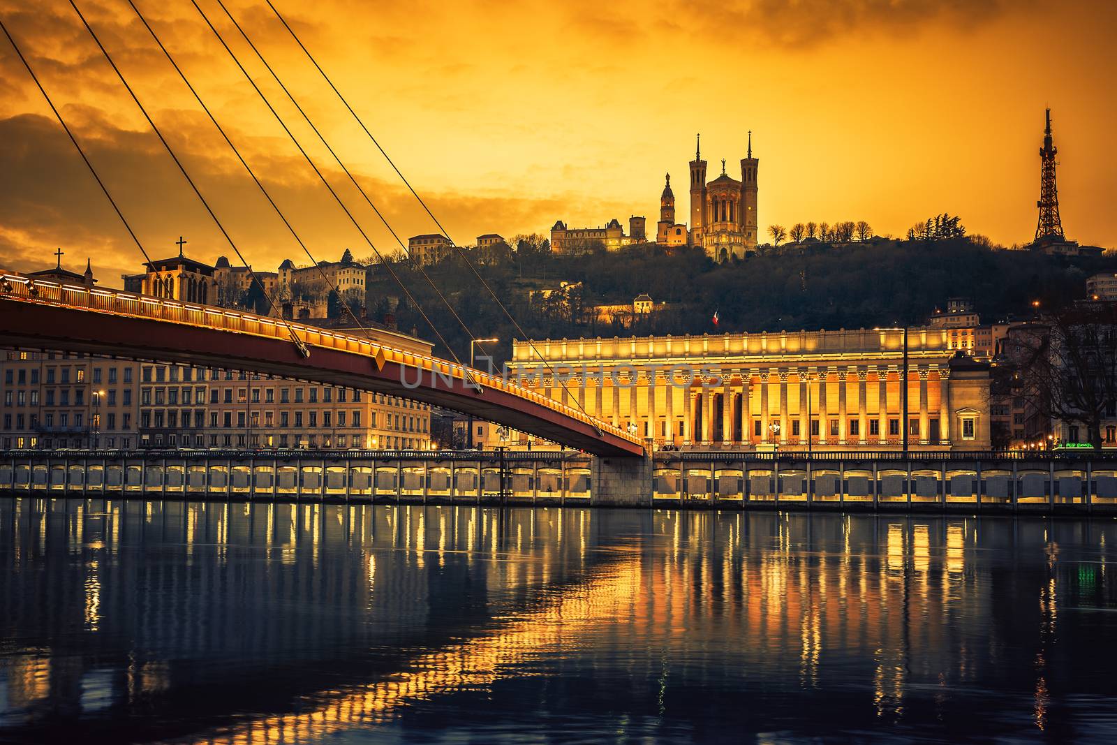 View of Saone river at sunset,Lyon, France.