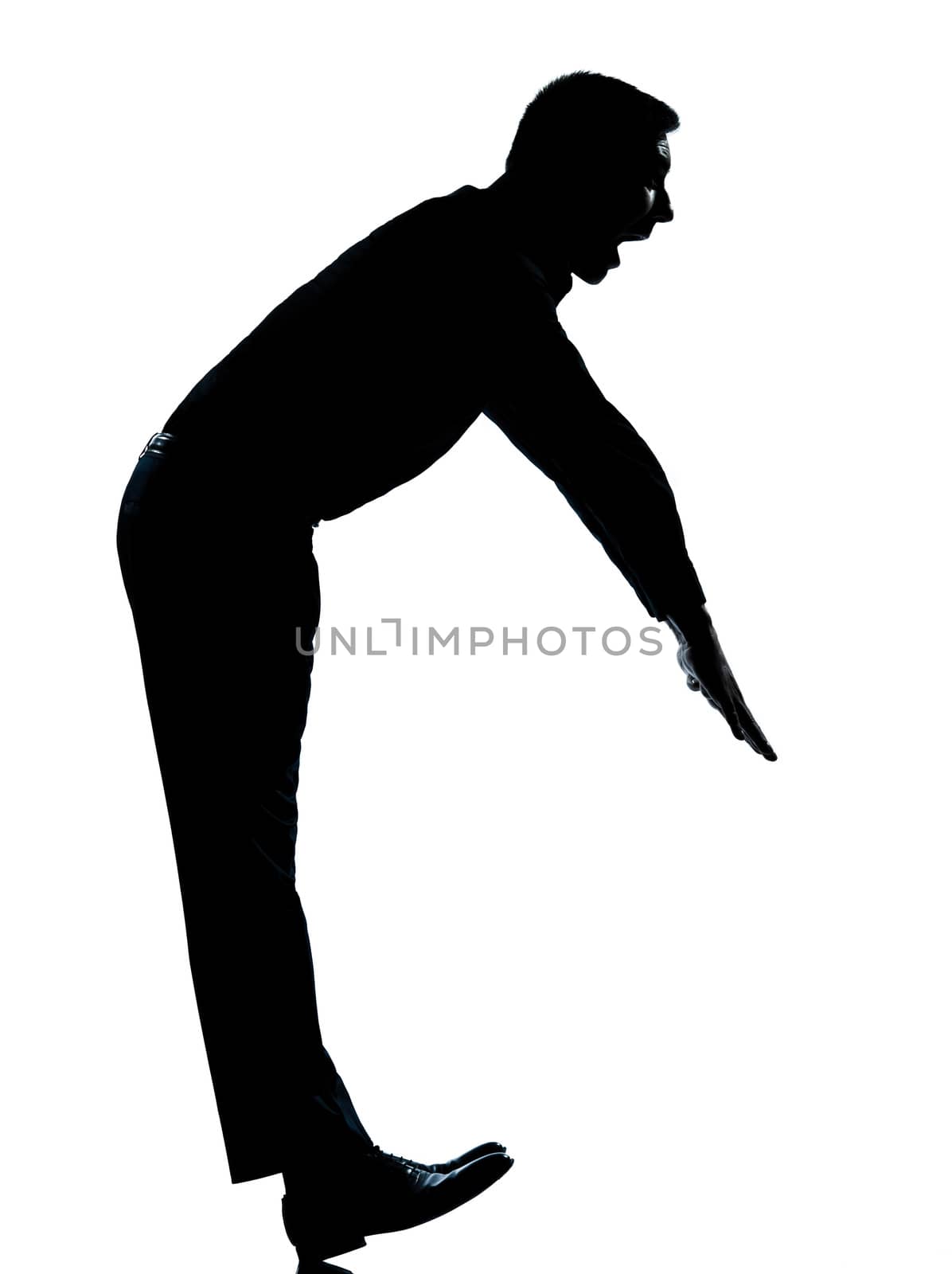 one  business man one funny exercise balancing standing silhouette Full length in studio isolated on white background