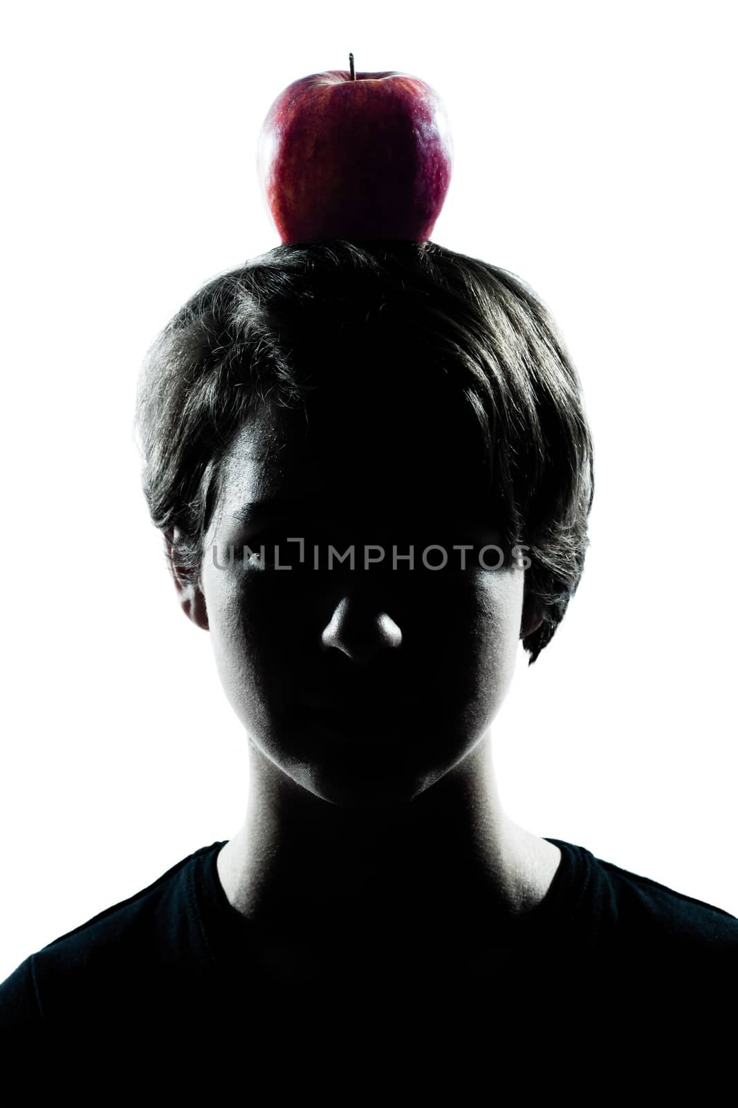 one  young teenager silhouette boy or girl with an apple on his head portrait in studio cut out isolated on white background