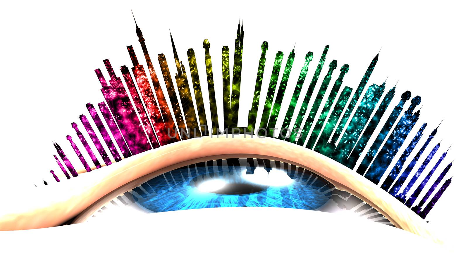 This illustration conceptualizes an urban vision with firework. The eye is looking up. The eyelashes are replaced with buildings.