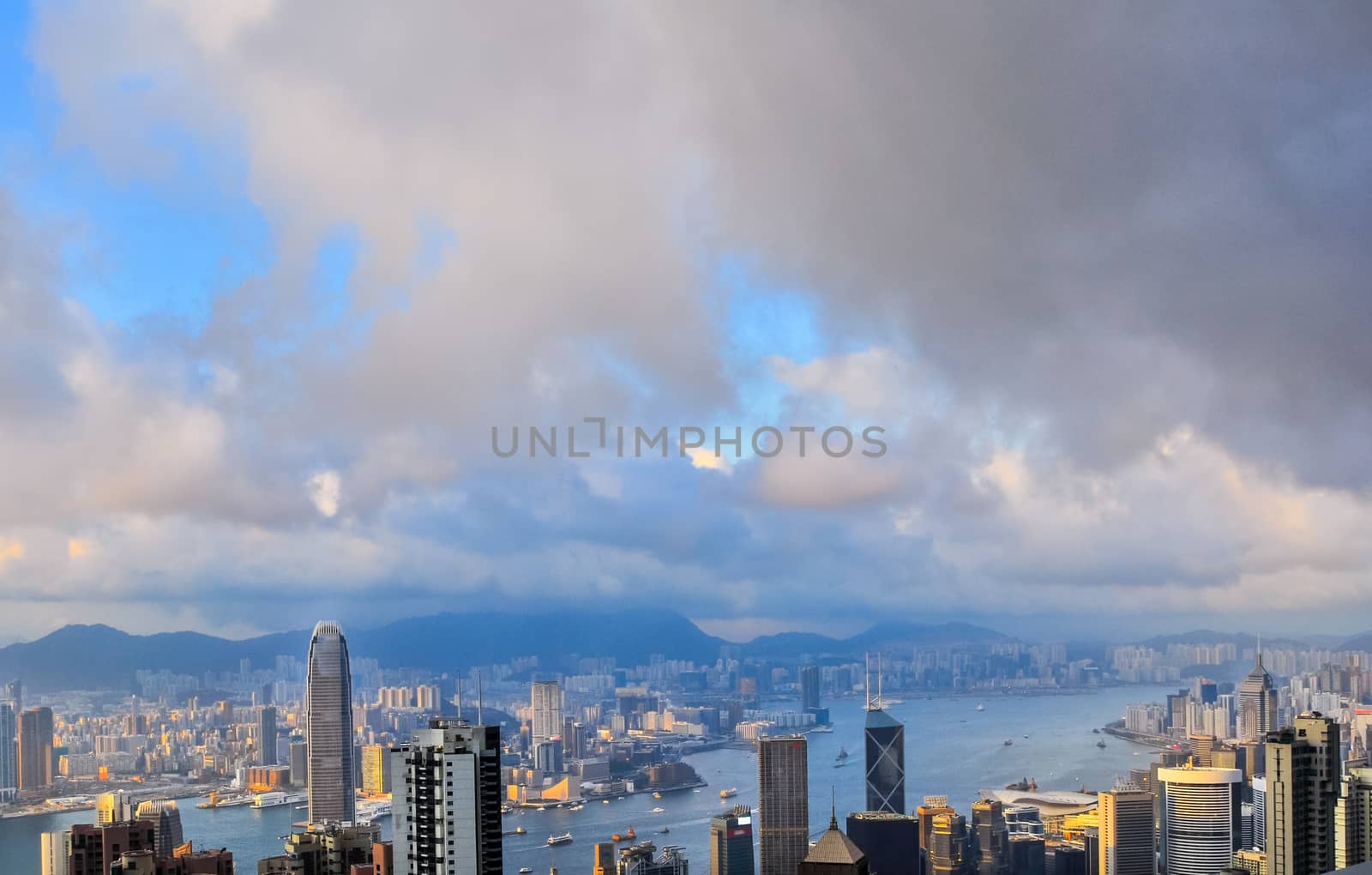 Victoria Harbor Sunset over Hong Kong Victoria Harbor as viewed atop Victoria Peak China