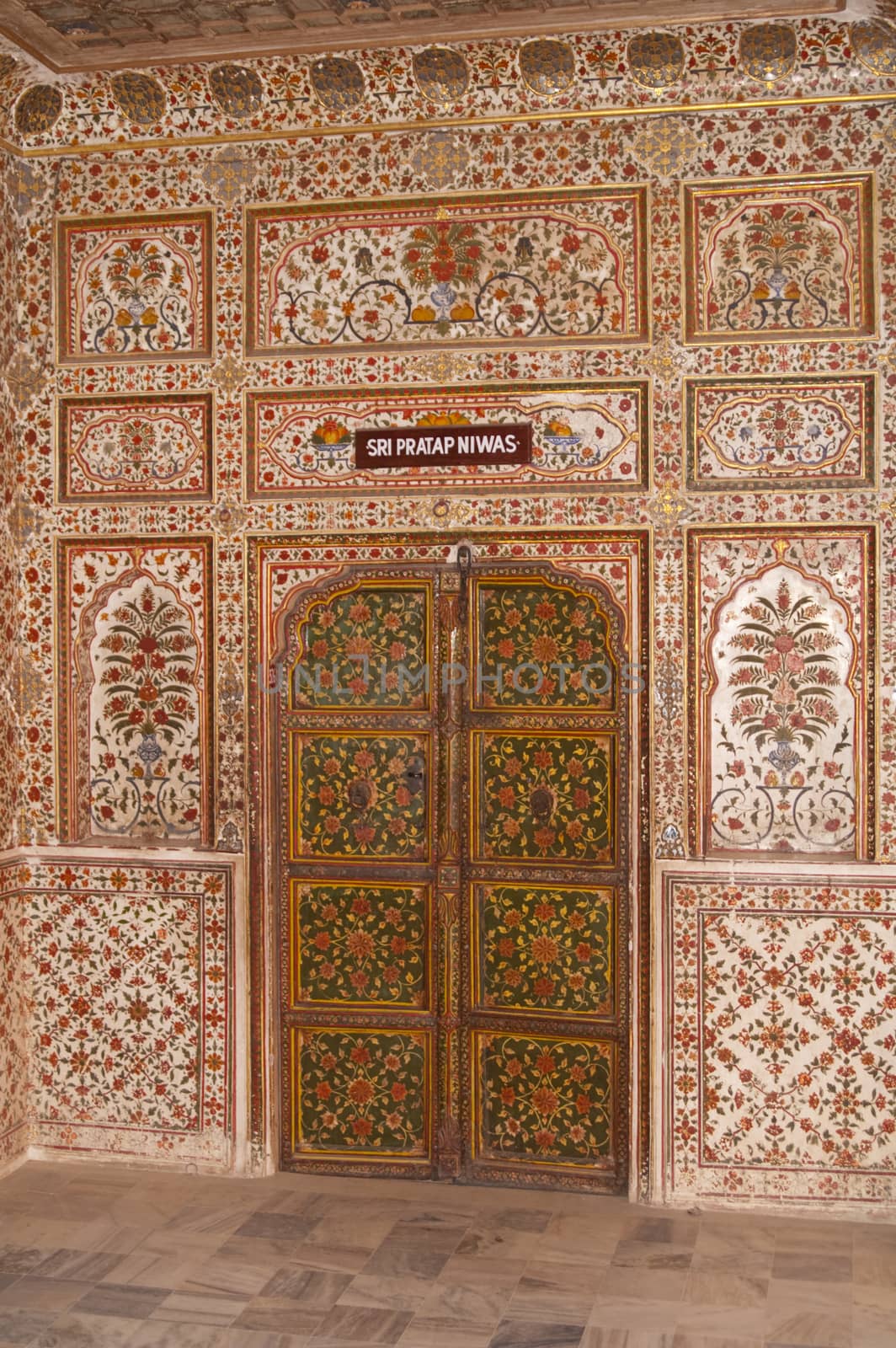 Highly decorated wall and door inside the Royal Palace at Bikaner Rajasthan India