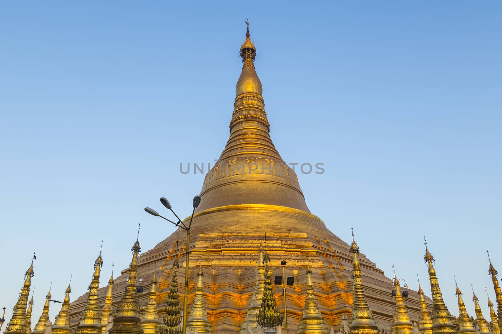 Shwedagon pagoda with blue sky. Yangon. Myanmar or Burma.