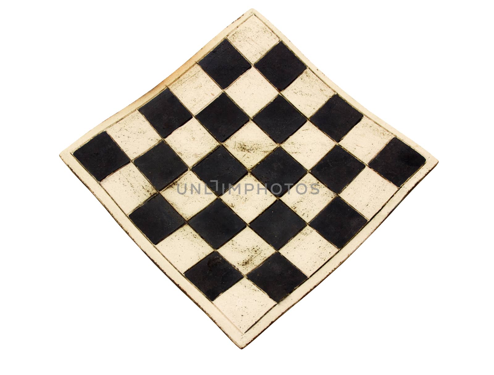 Empty curved ceramic chess board isolated on white background