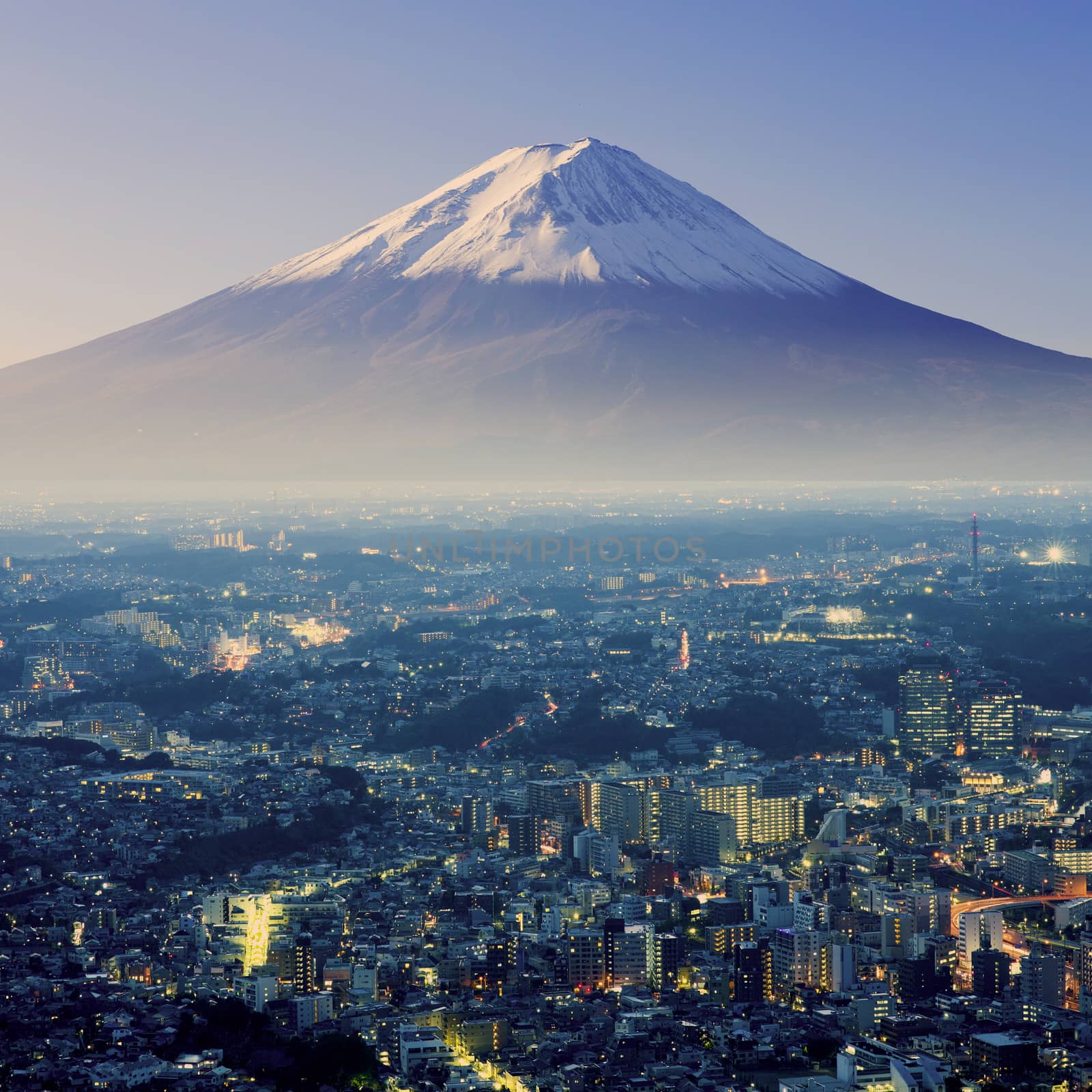 Mount Fuji. Fujiyama. Aerial view with cityspace surreal shot. Japan