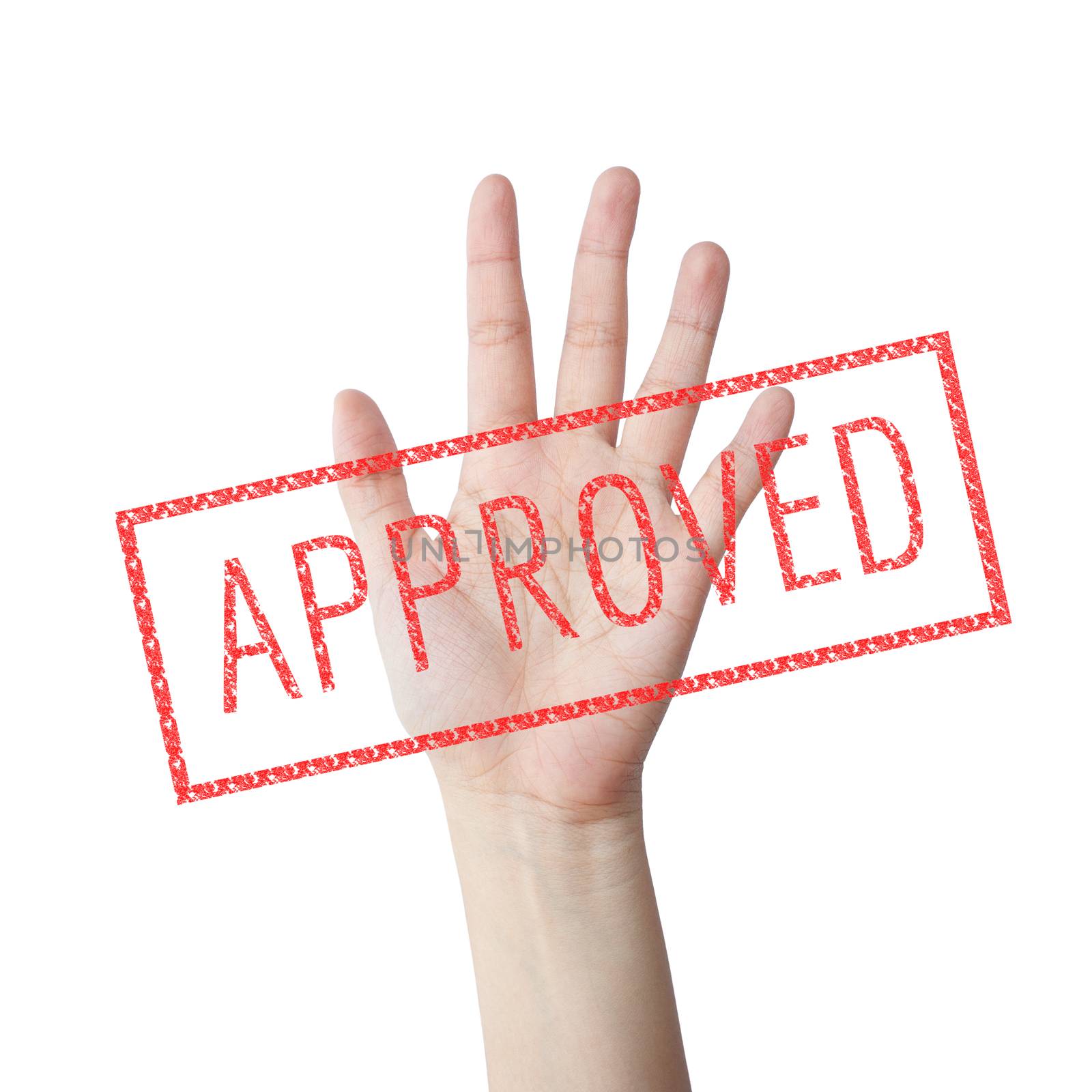 Approved red stamp hand concept isolated white background