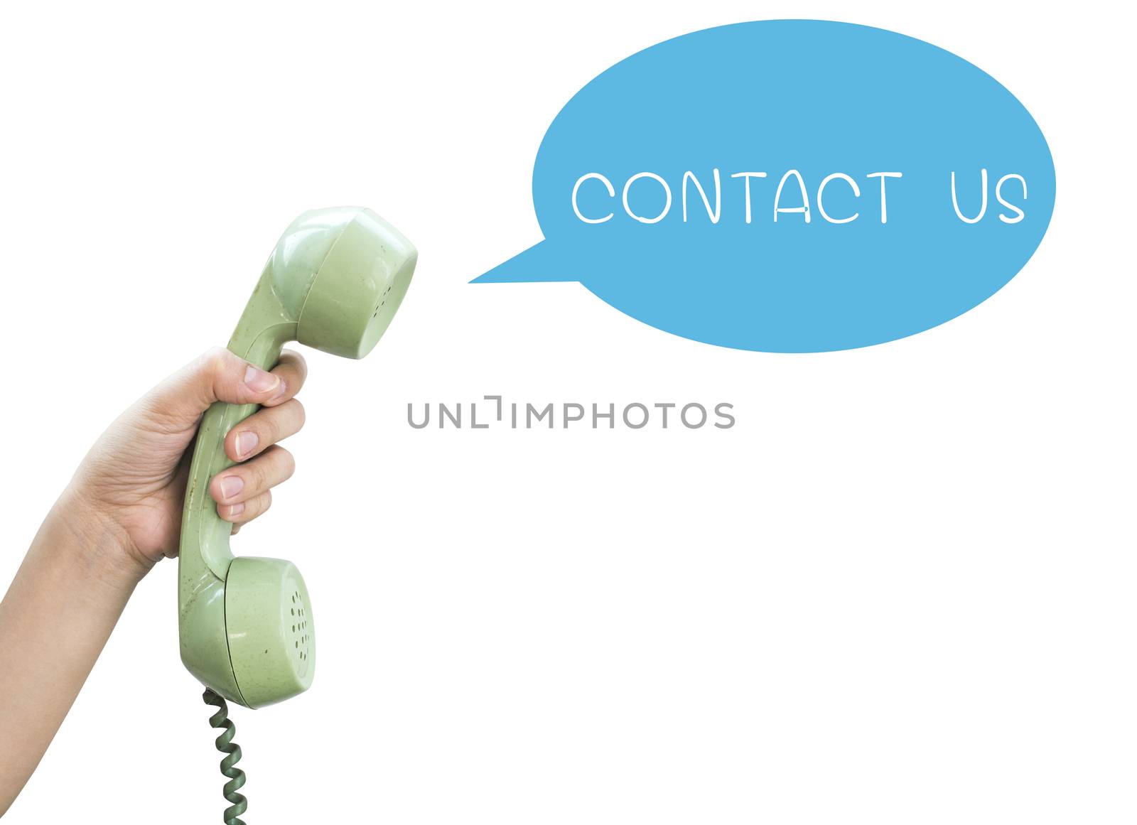 Contact Us. Hand hold vintage telephone isolated on white backgr by 2nix