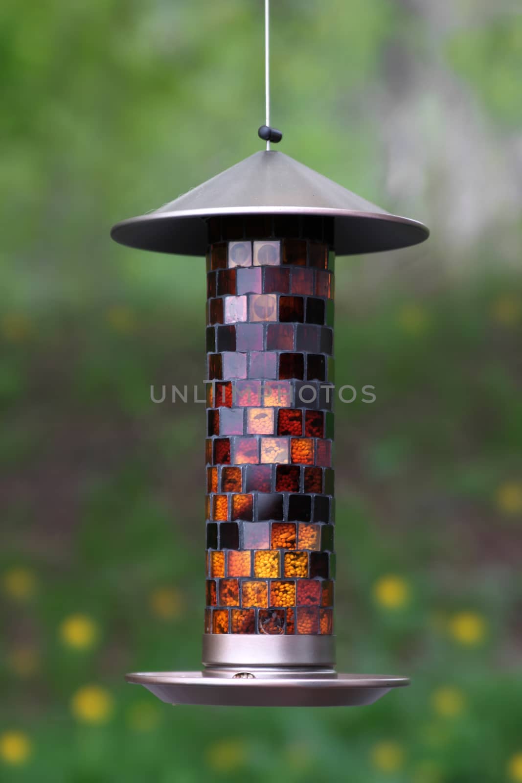 Multi colored glass bird feeder in the backyard