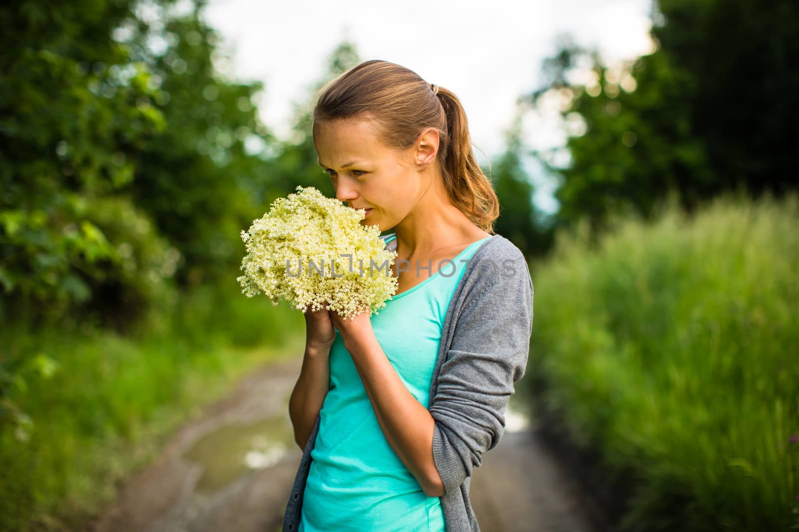 Young woman picking elderflower to make an infusion at home