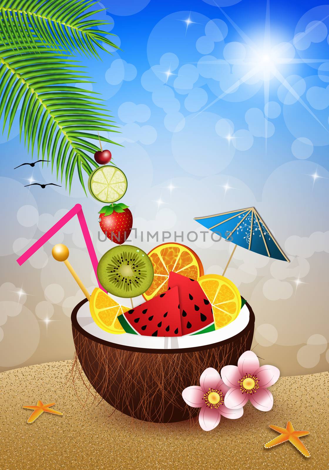 illustration of Coconut with fruits on the beach