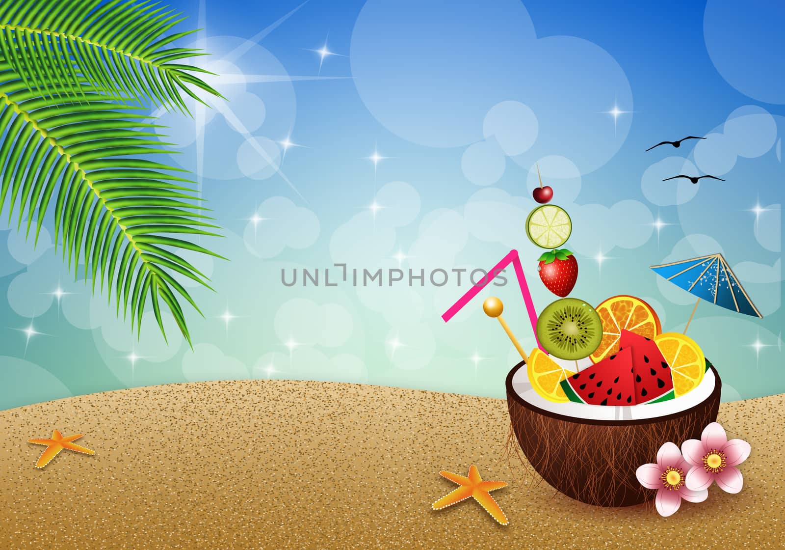 illustration of Coconut with fruits on the beach