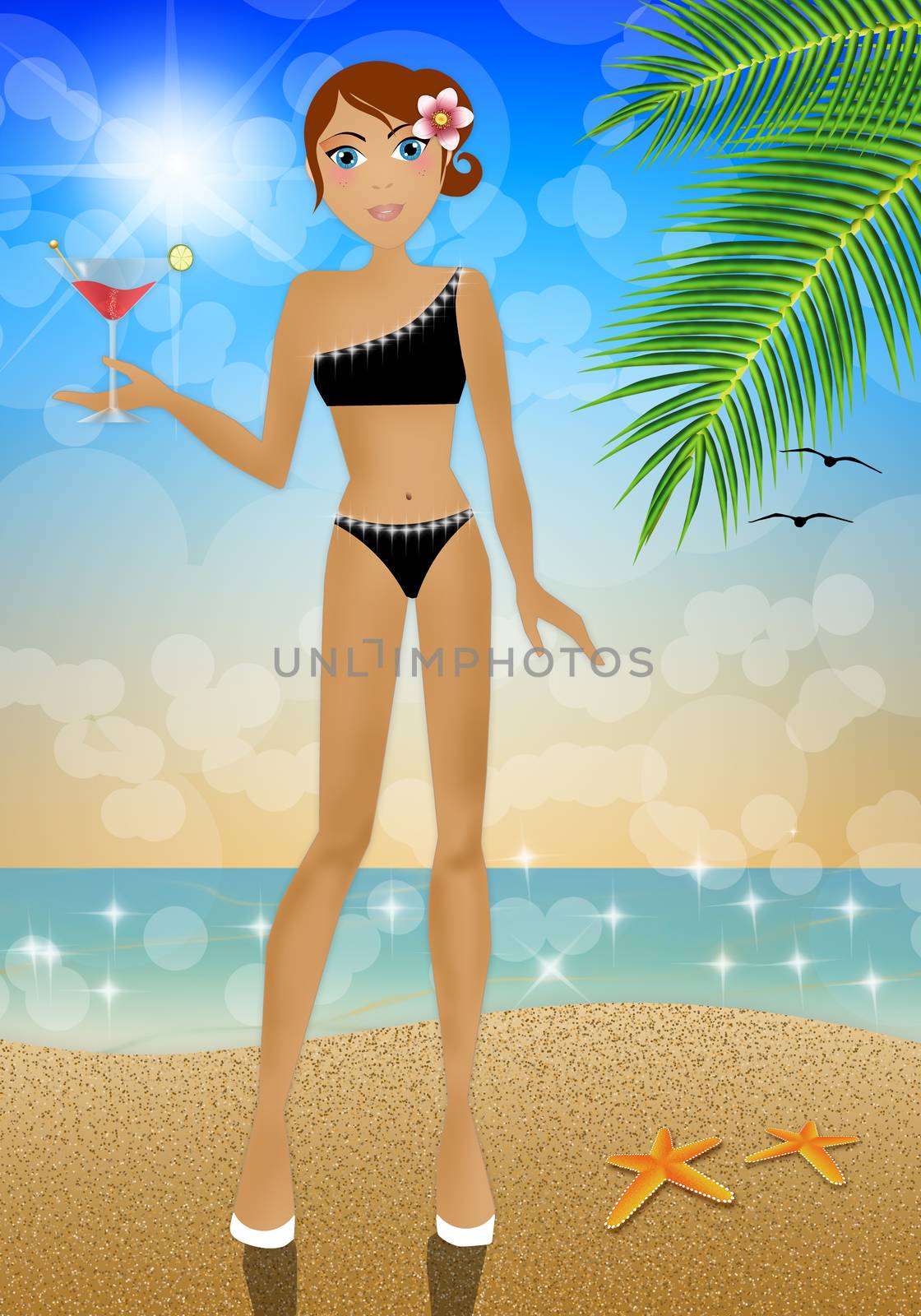 illustration of a Woman with drink on the beach