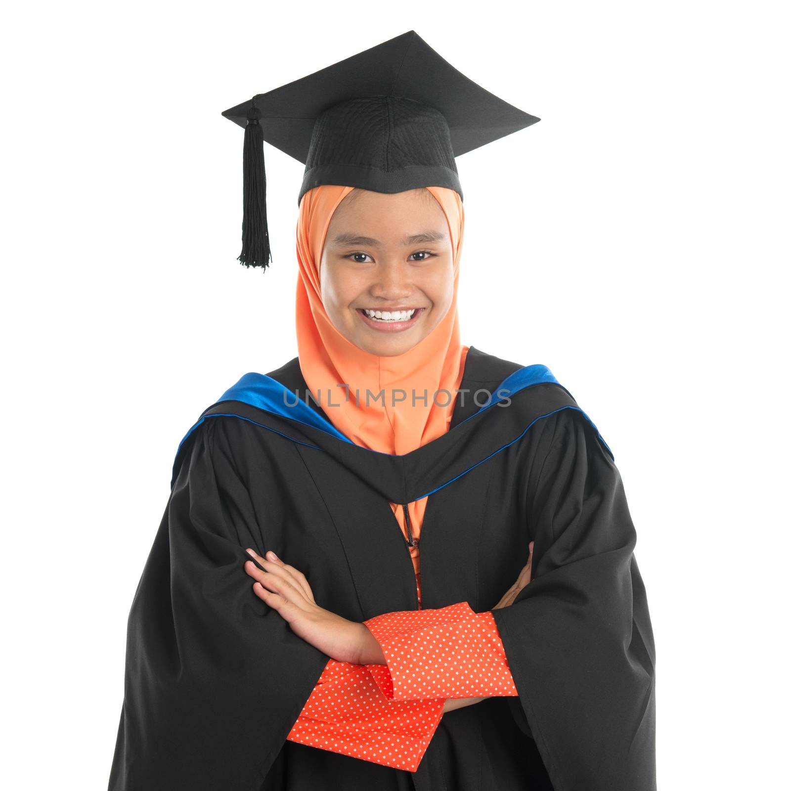 Portrait of smiling Asian female muslim student in graduate , isolated on white background.