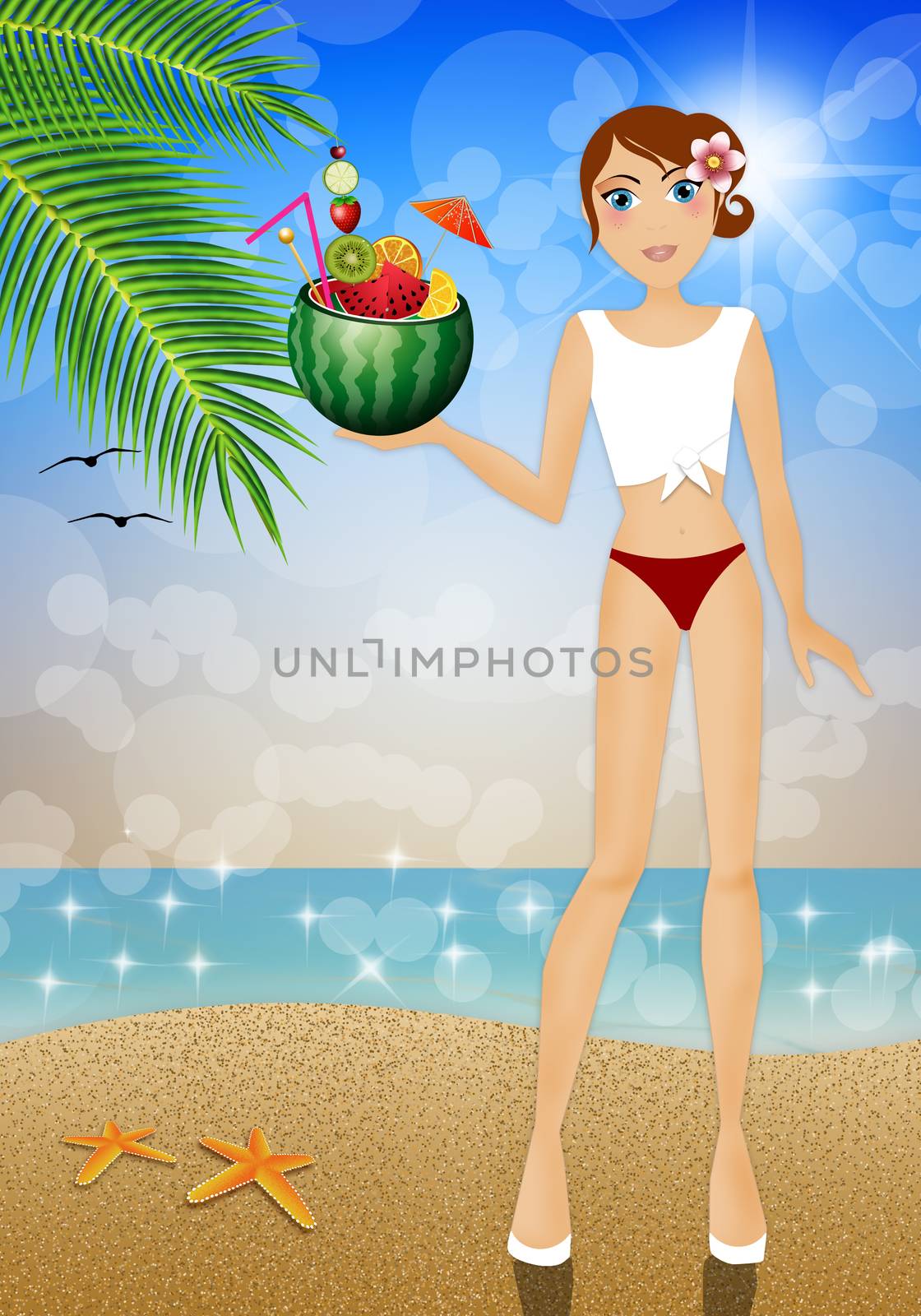Girl with watermelon with fruits on the beach