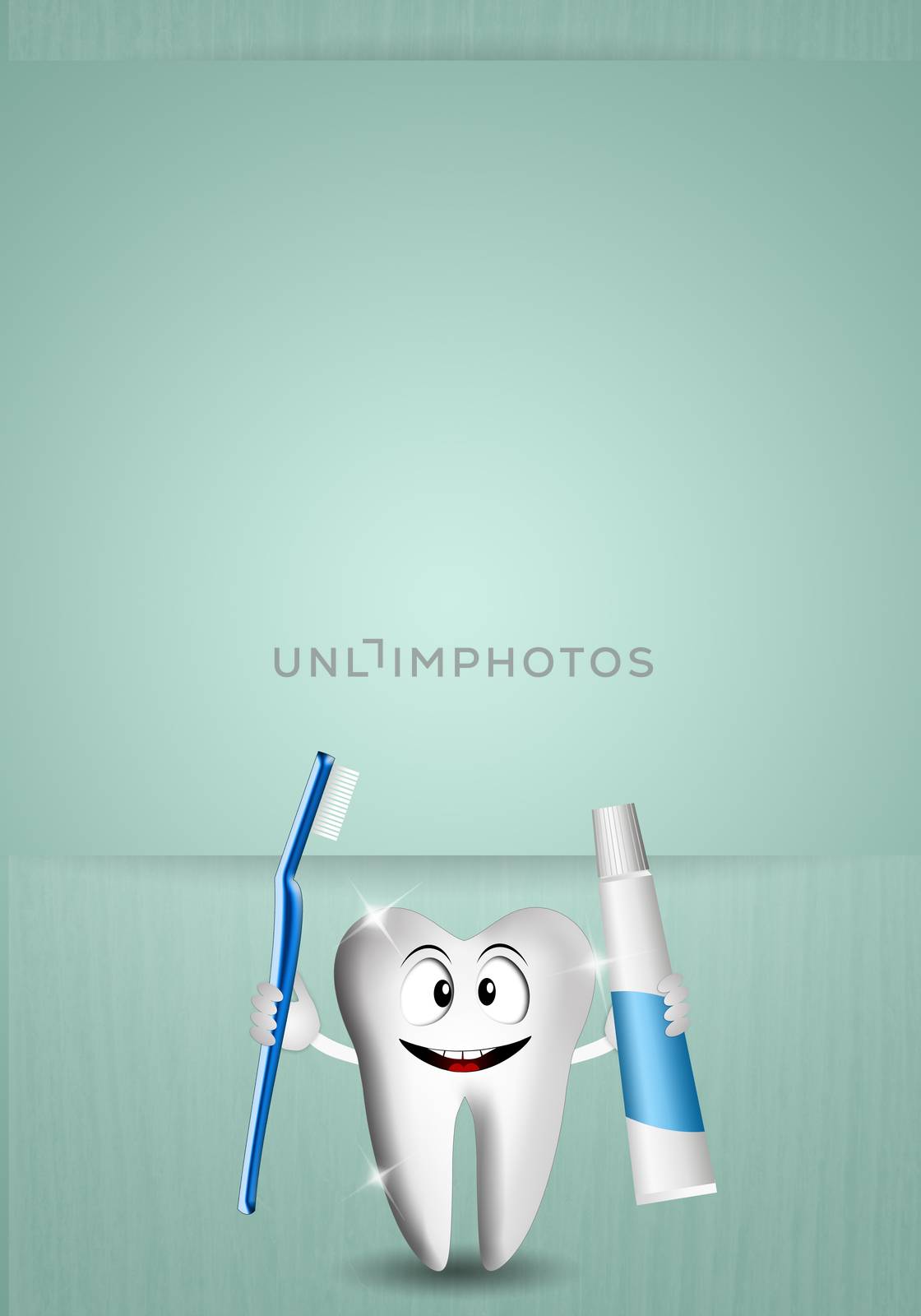 illustration of a Funny tooth with toothbrush and tootpaste