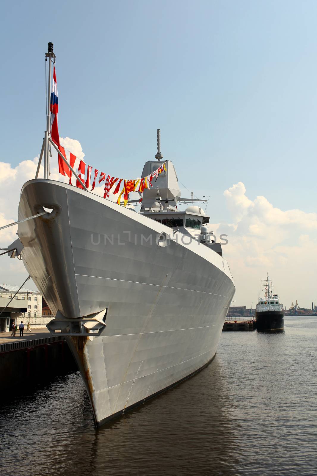 Frigate at the pier in St. Petersburg Jule 5, 2013. Front View