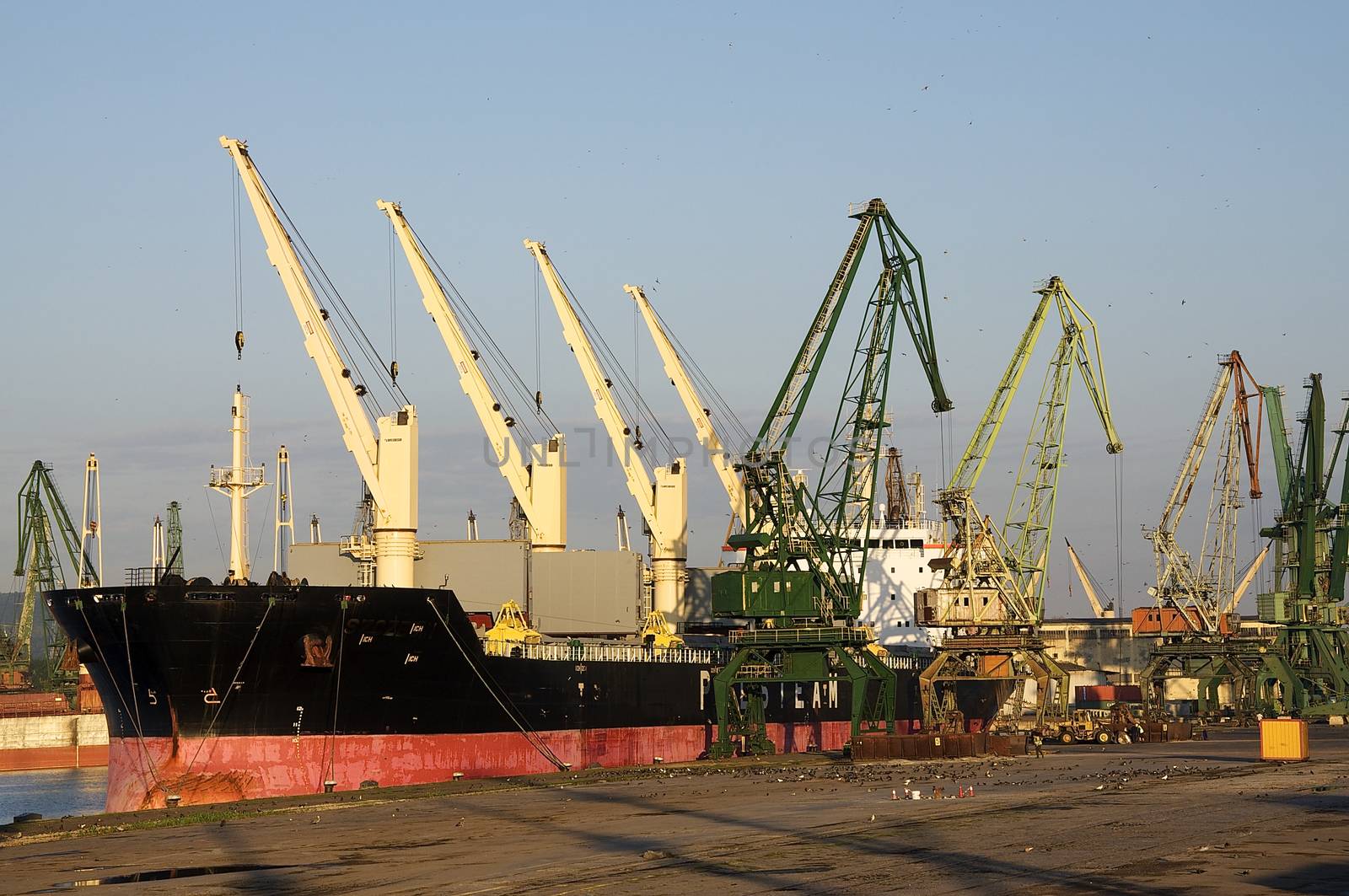 An early morning at sunrise in the port of Varna, on the Black Sea