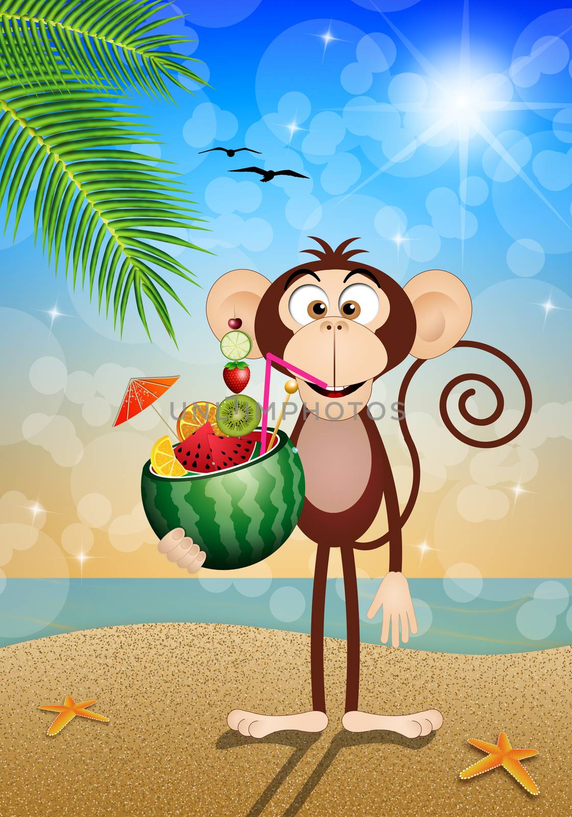 illustration of a Monkey with watermelon on the beach