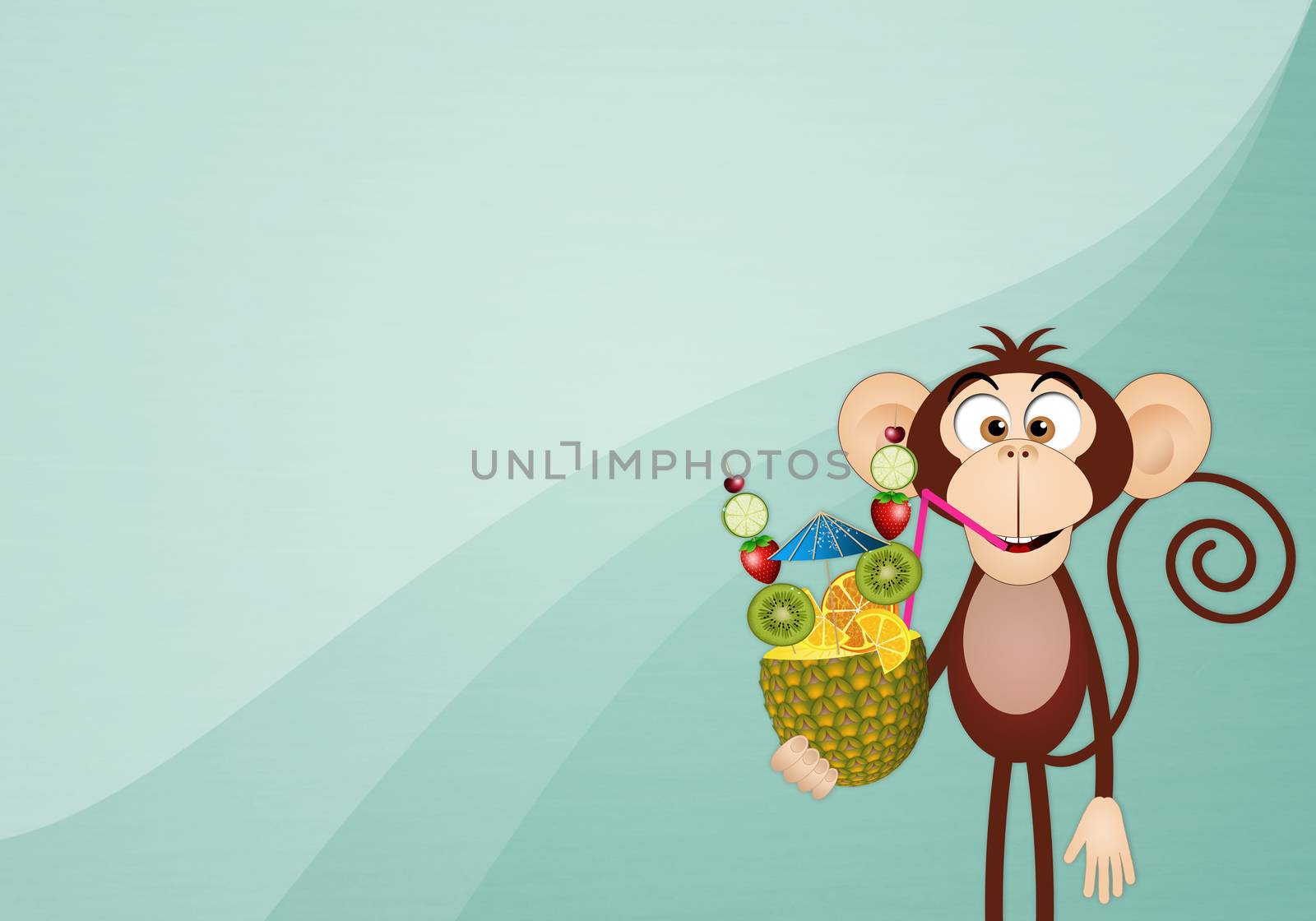 illustration of a Monkey with pineapple cocktail background