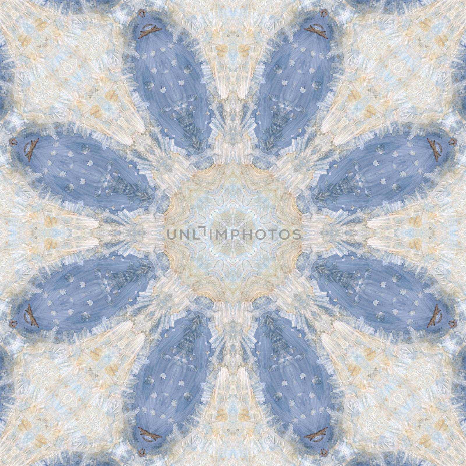 Abstract artistic seamless pattern, handmade floral ornament, applique from painted garlic husks, leaves and watercolor background
