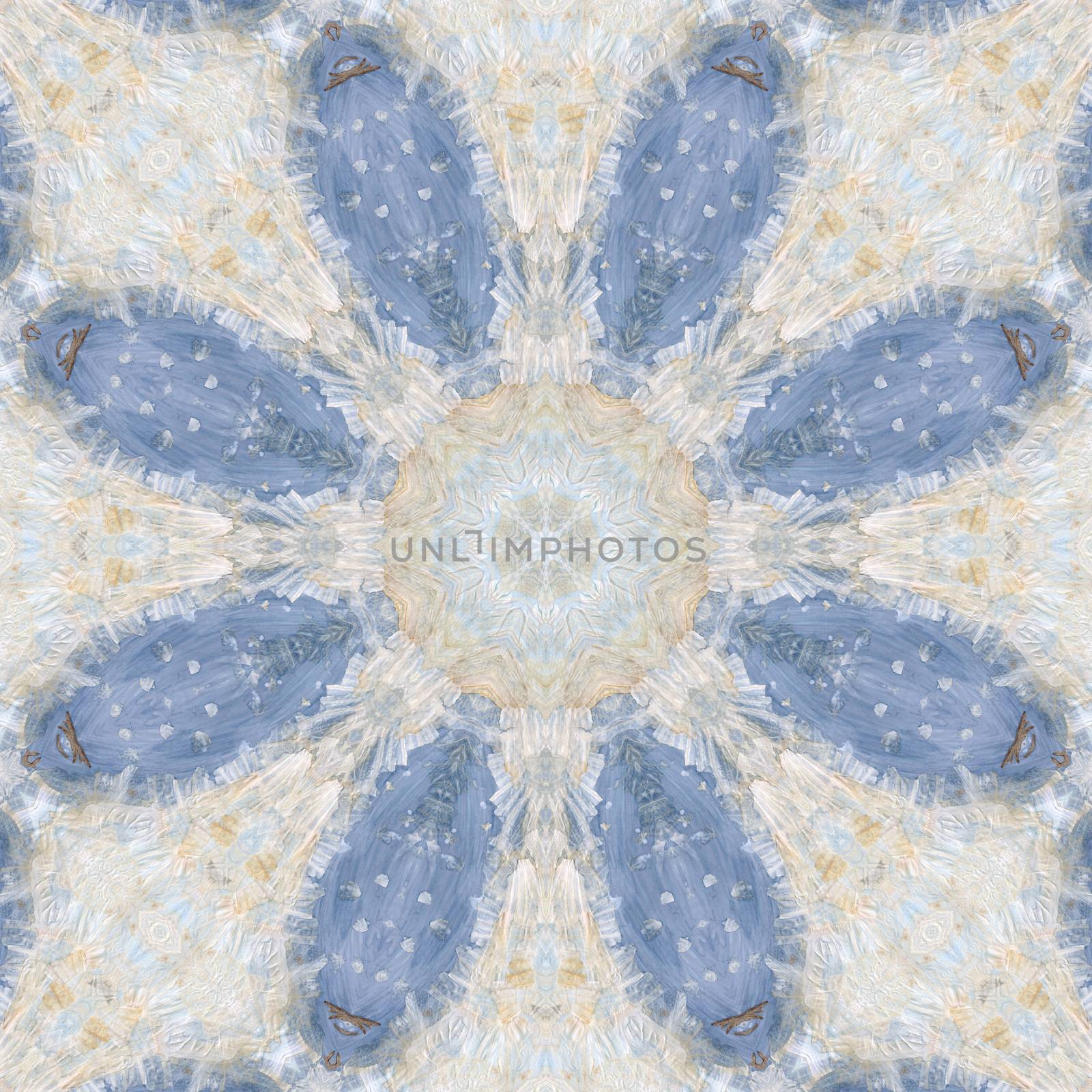 Abstract artistic seamless pattern, handmade floral ornament, applique from painted garlic husks, leaves and watercolor background